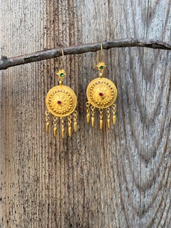 18 Karat Gold Emerald and Ruby Greek Revival Earrings
