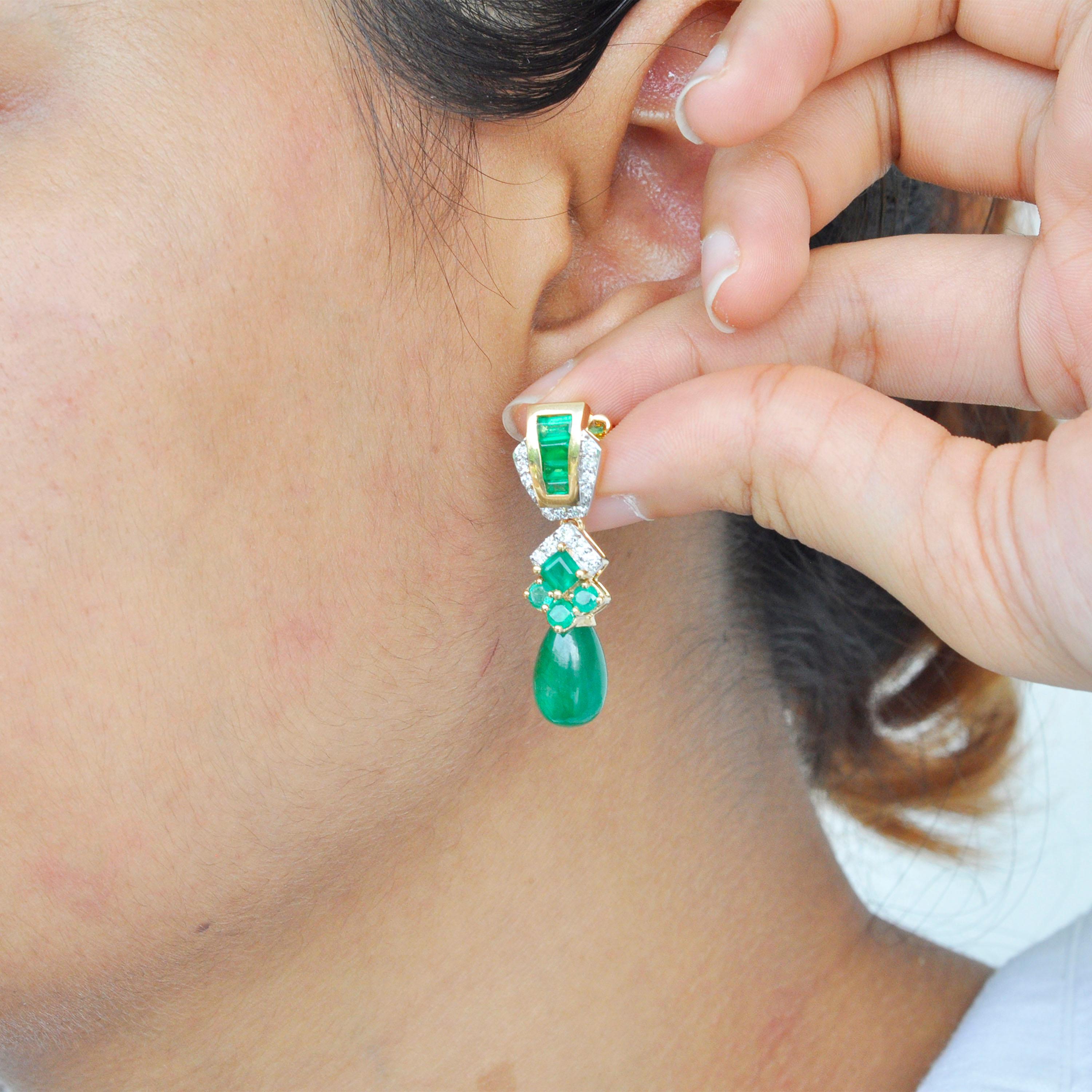 14.34 Carats 18K Gold Emerald Baguette Emerald Drop Diamond Dangler Earrings 4