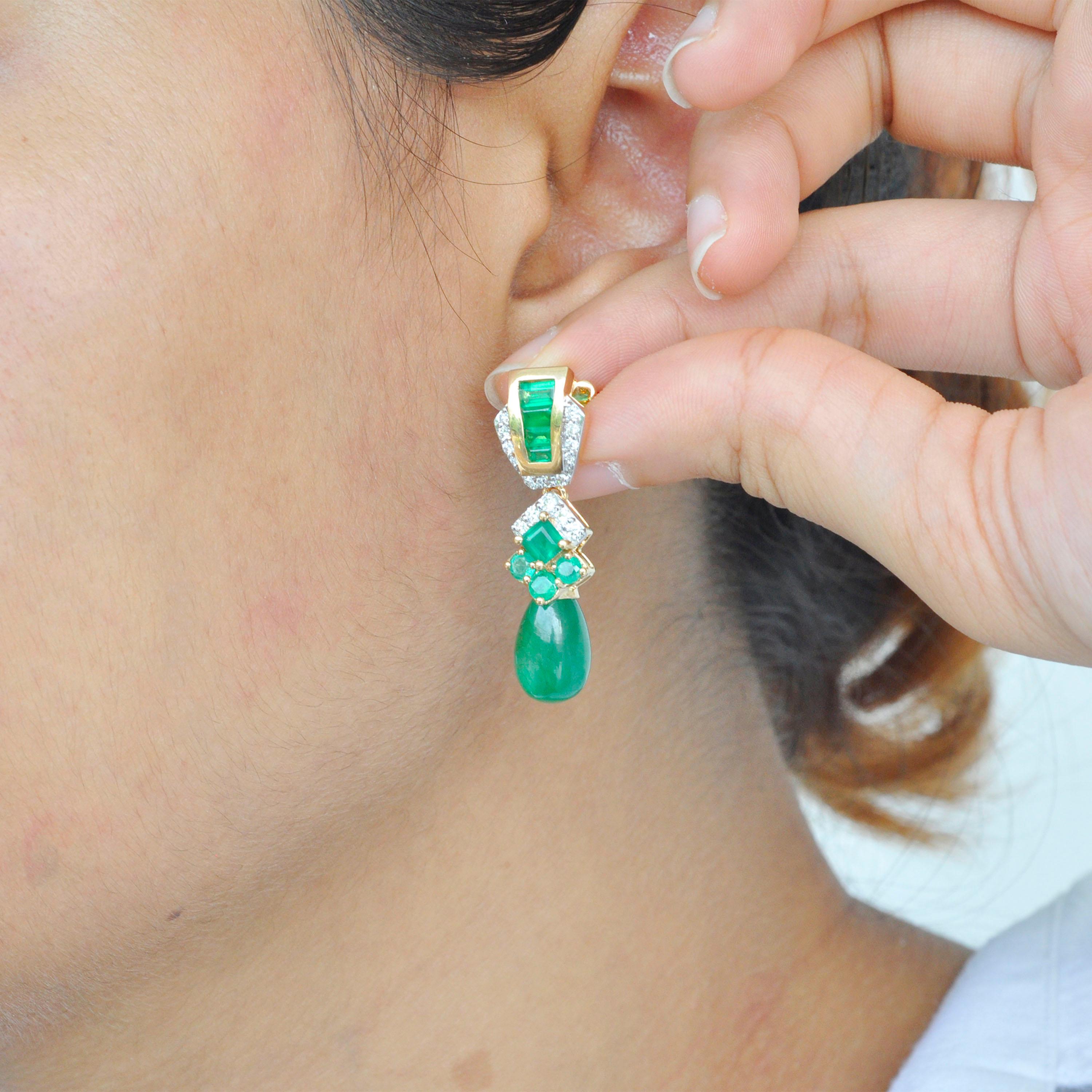 14.34 Carats 18K Gold Emerald Baguette Emerald Drop Diamond Dangler Earrings 5