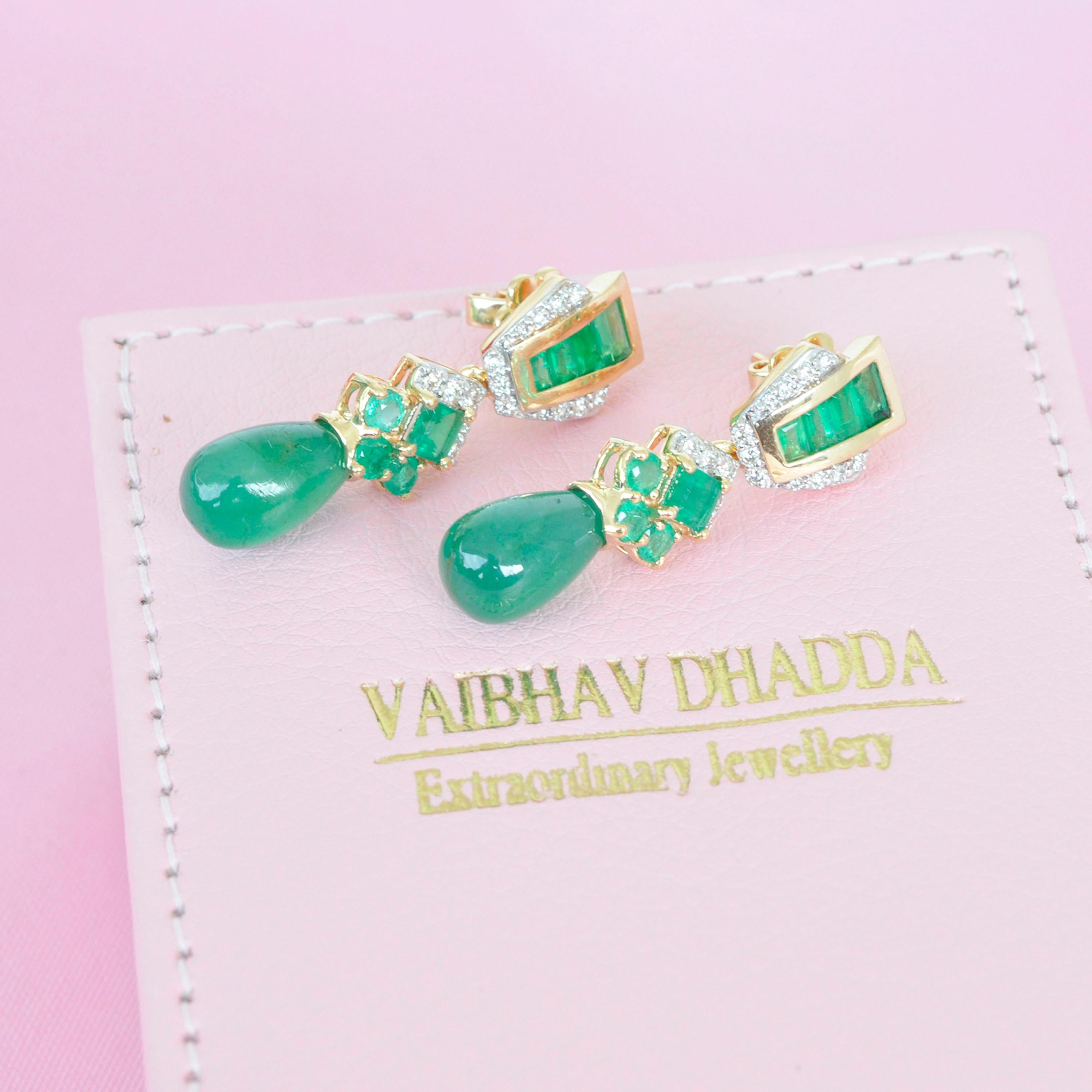 14.34 Carats 18K Gold Emerald Baguette Emerald Drop Diamond Dangler Earrings 6