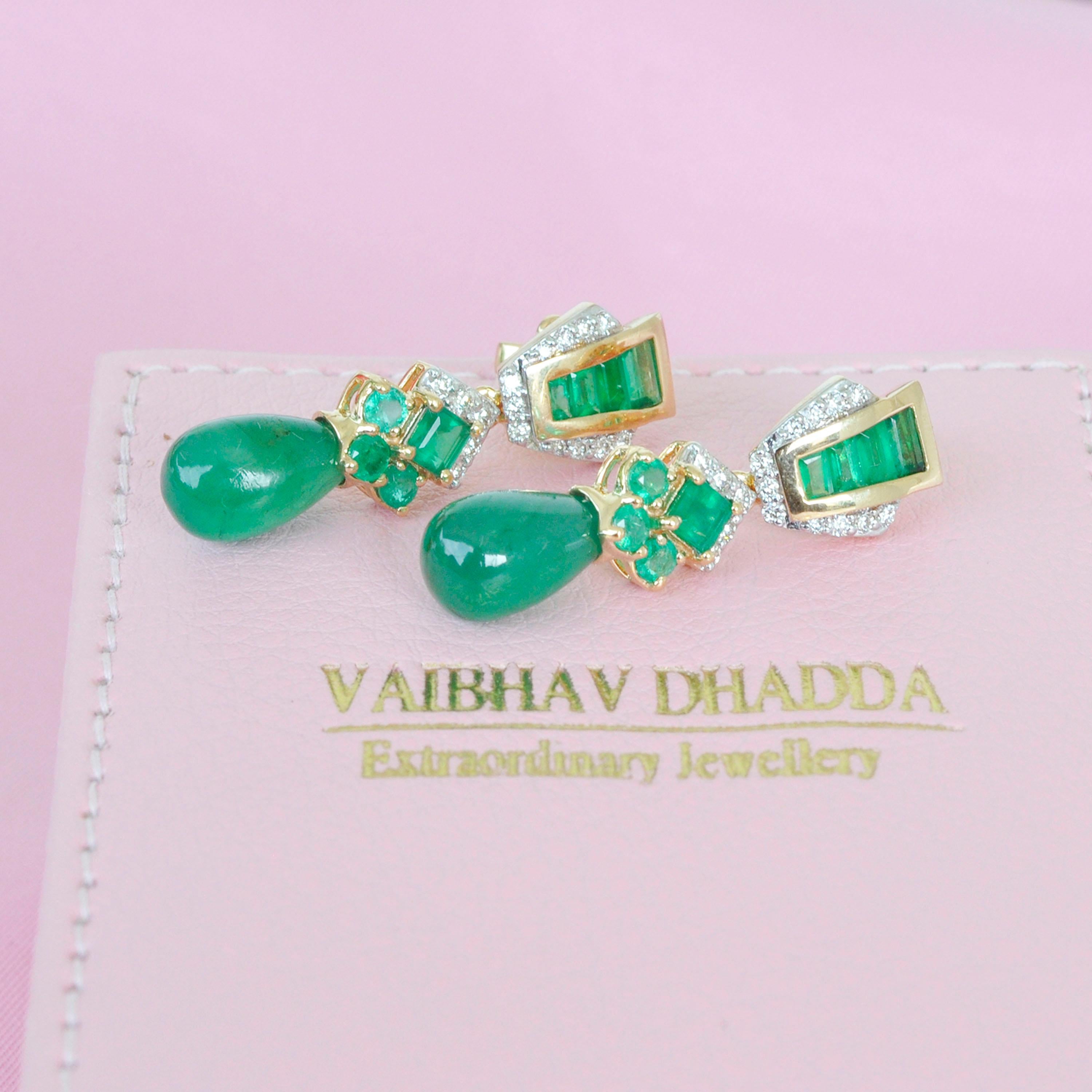 14.34 Carats 18K Gold Emerald Baguette Emerald Drop Diamond Dangler Earrings 7
