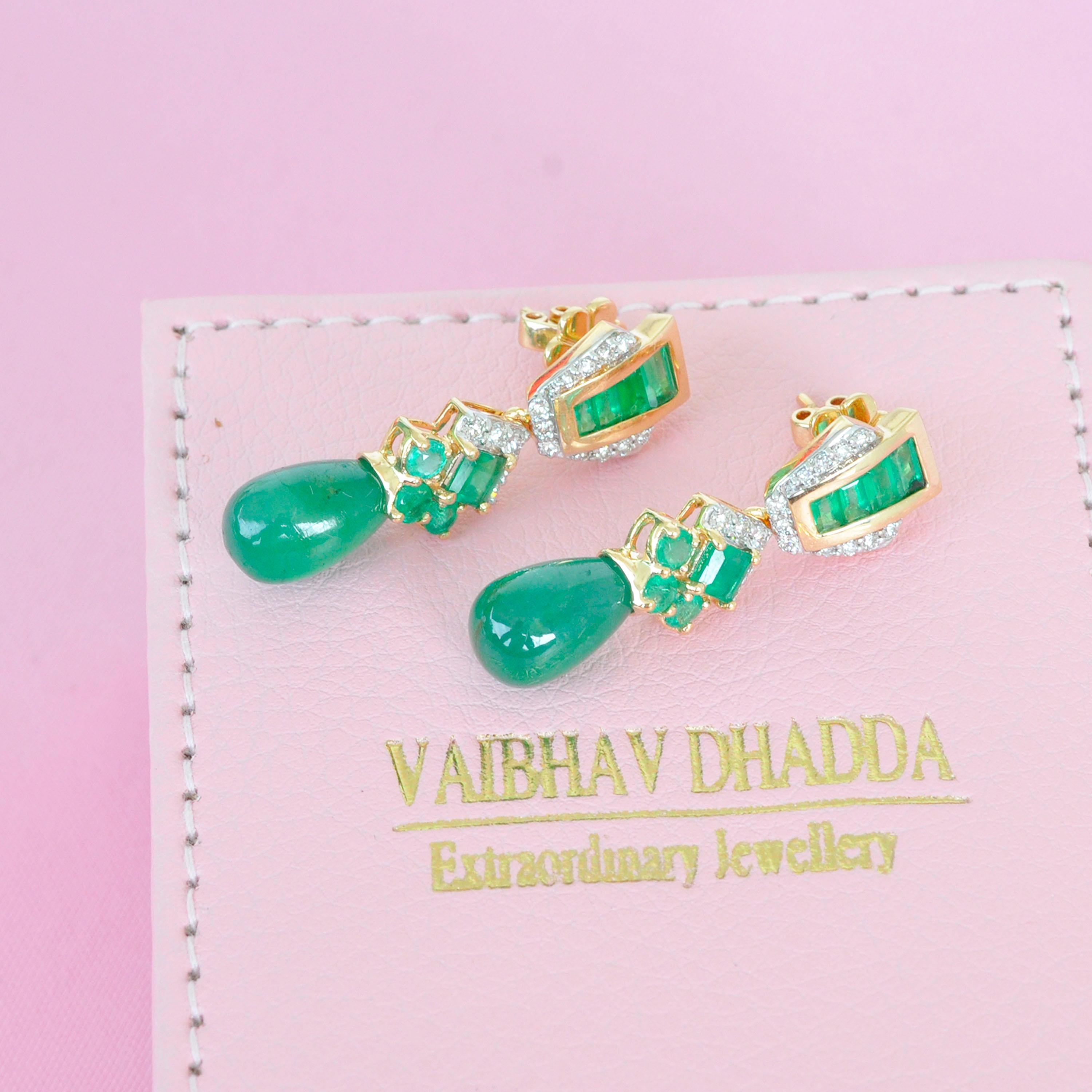 14.34 Carats 18K Gold Emerald Baguette Emerald Drop Diamond Dangler Earrings 8