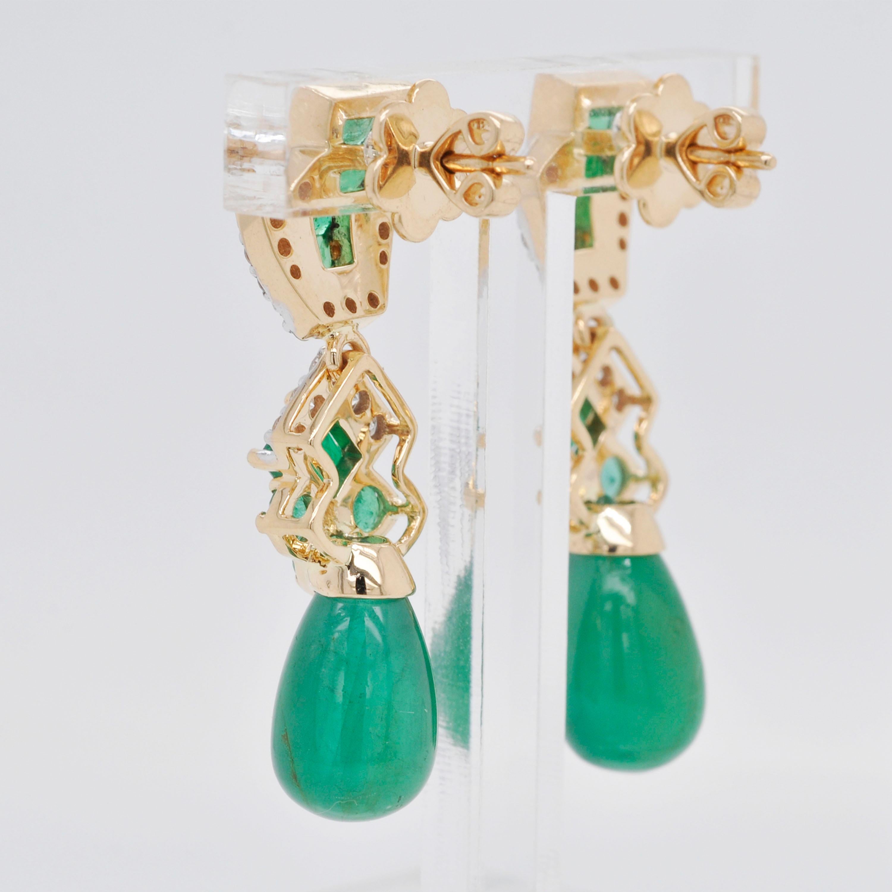 Contemporary 14.34 Carats 18K Gold Emerald Baguette Emerald Drop Diamond Dangler Earrings