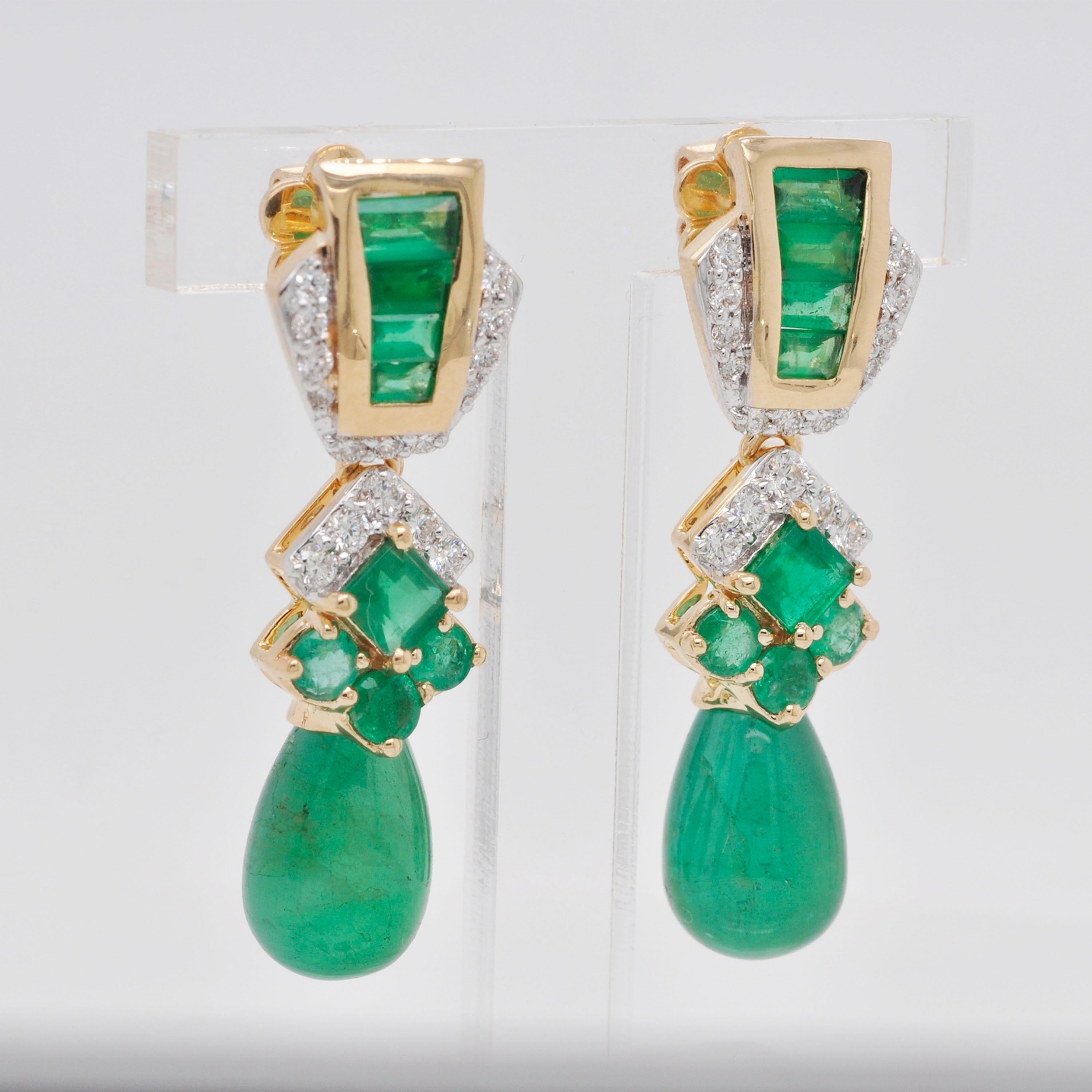 Women's 14.34 Carats 18K Gold Emerald Baguette Emerald Drop Diamond Dangler Earrings