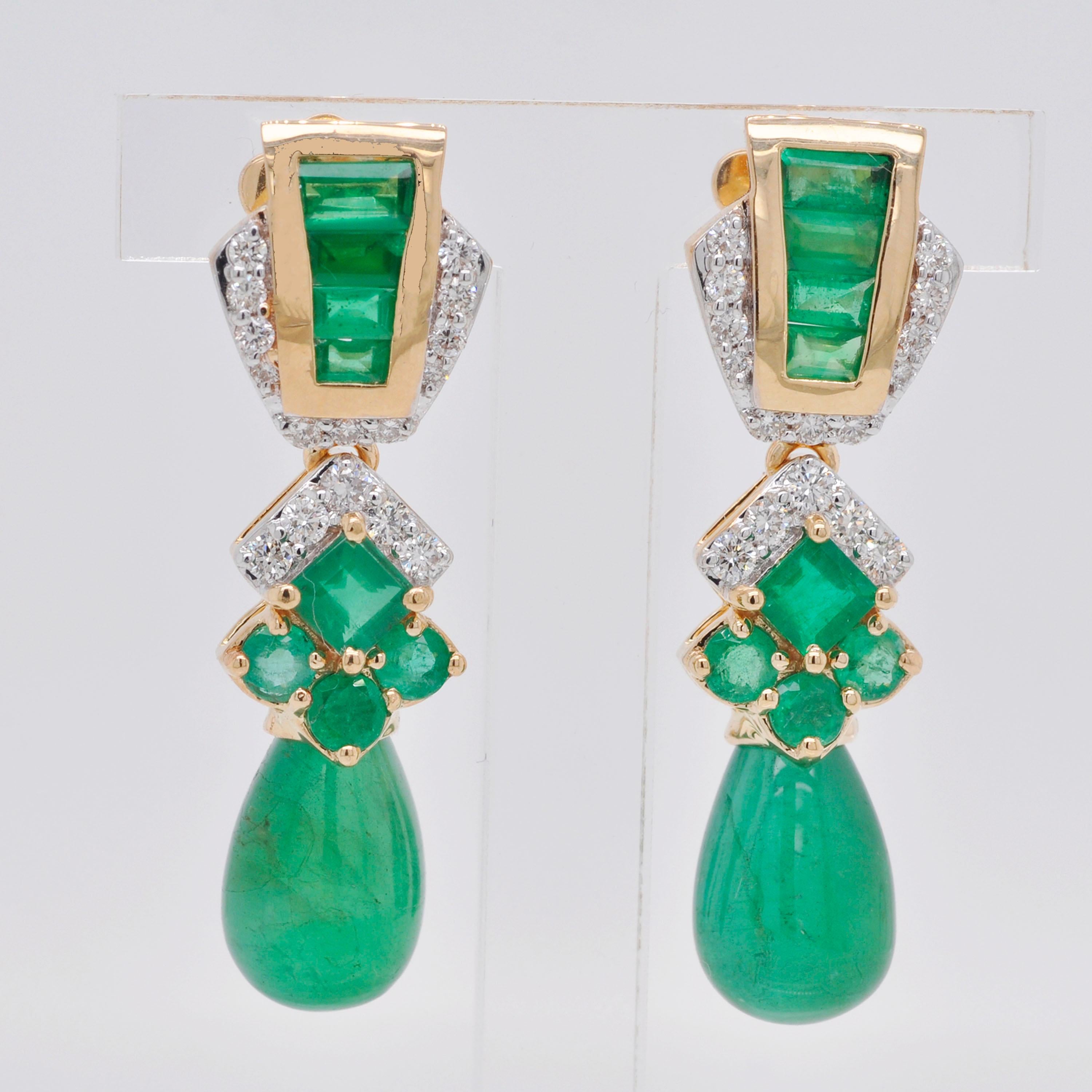 14.34 Carats 18K Gold Emerald Baguette Emerald Drop Diamond Dangler Earrings 1