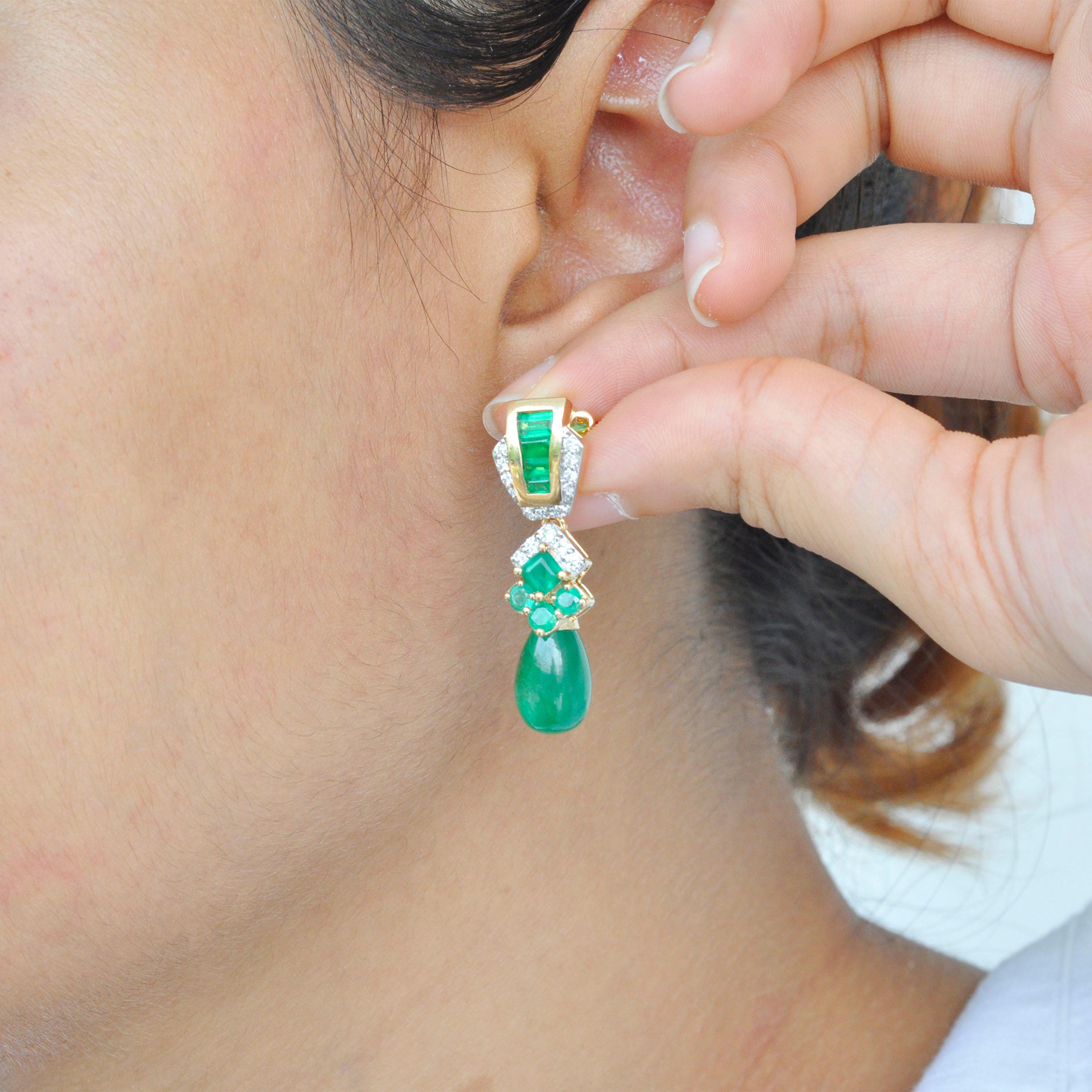 14.34 Carats 18K Gold Emerald Baguette Emerald Drop Diamond Dangler Earrings 2