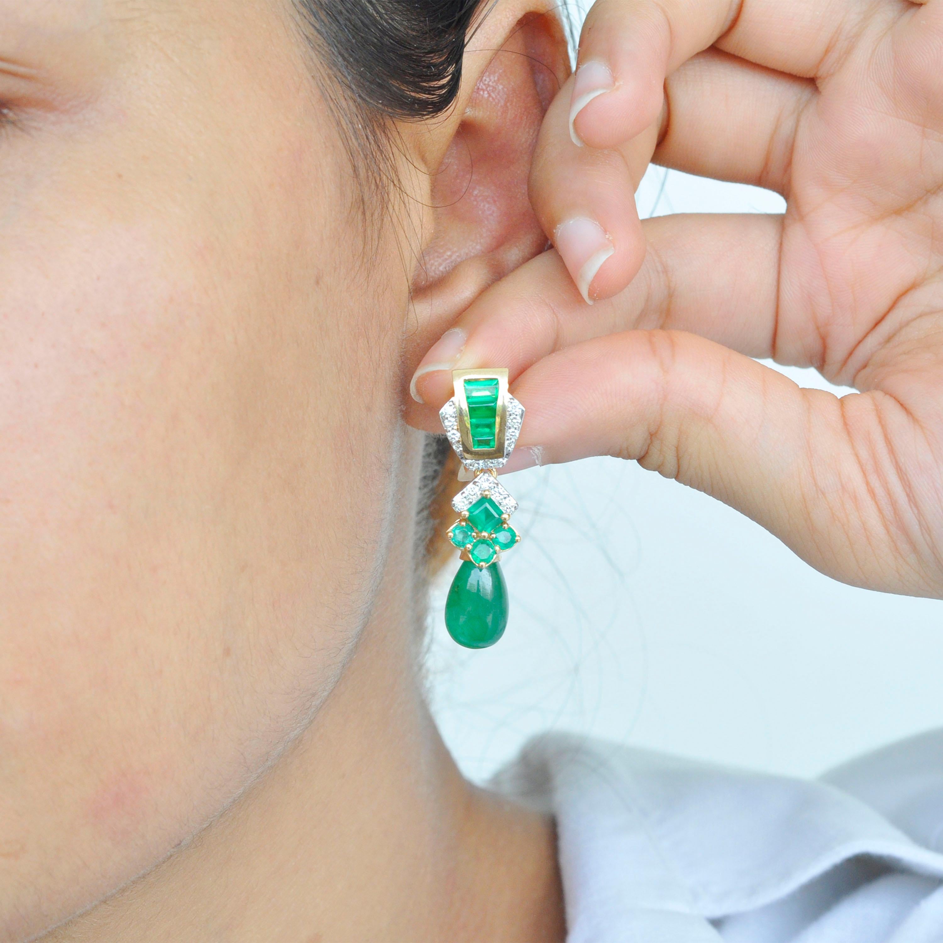 14.34 Carats 18K Gold Emerald Baguette Emerald Drop Diamond Dangler Earrings 3