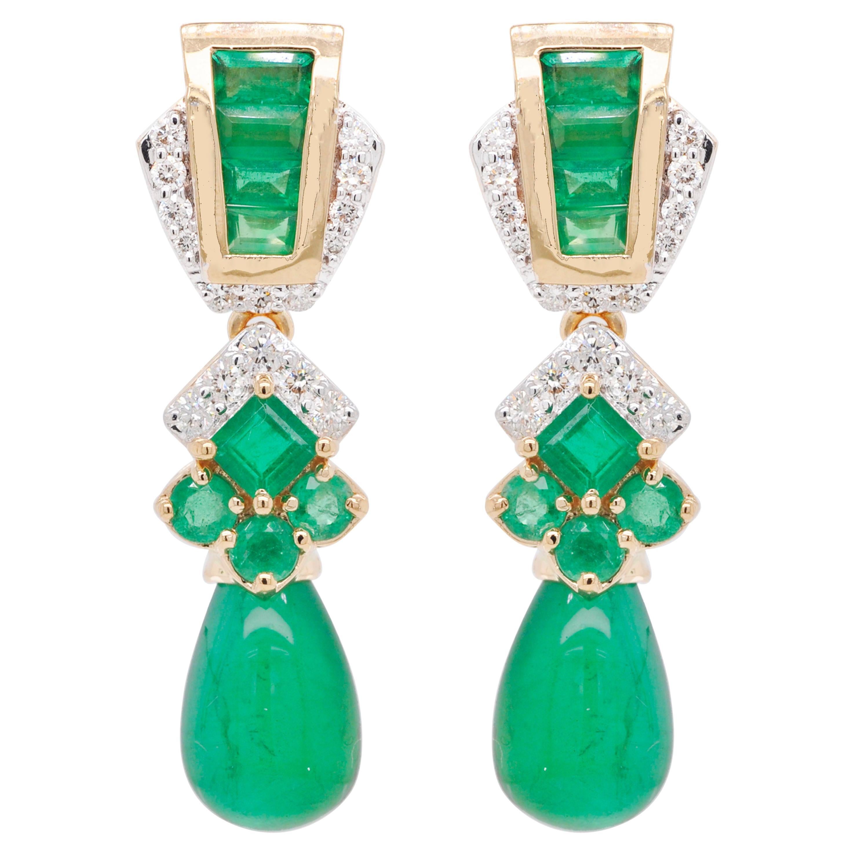 14.34 Carats 18K Gold Emerald Baguette Emerald Drop Diamond Dangler Earrings