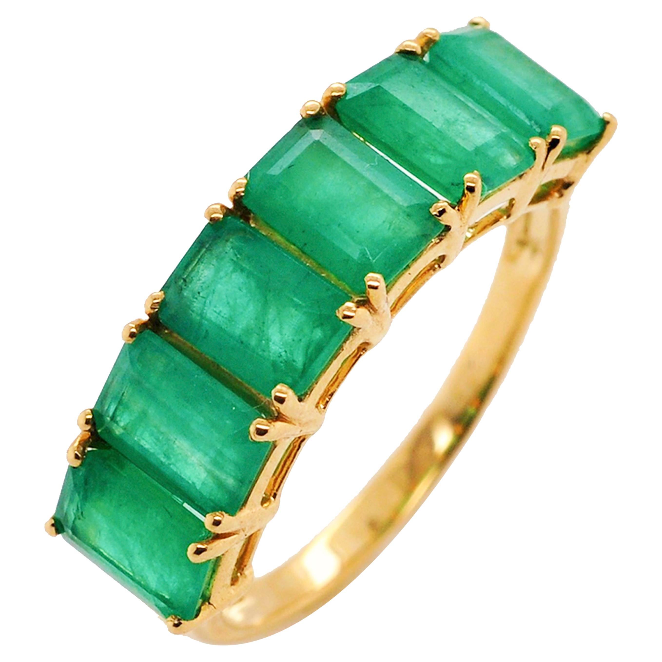 18 Karat Gold Emerald Cut Octagon Brazilian Emerald Half Eternity Band Ring