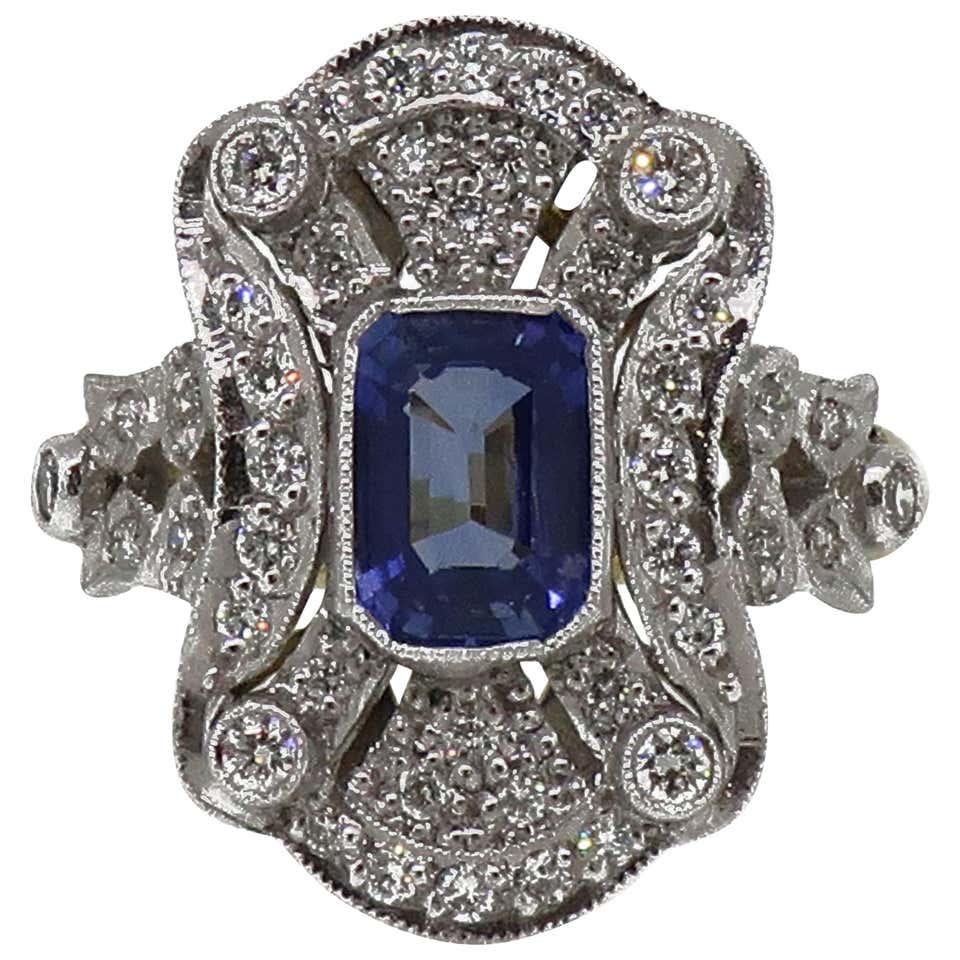 18 Karat Gold Emerald Cut Sapphire and Diamond Art Deco Style Cluster ...