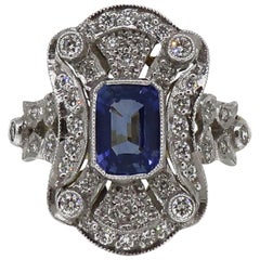 18 Karat Gold Emerald Cut Sapphire and Diamond Art Deco Style Cluster Ring