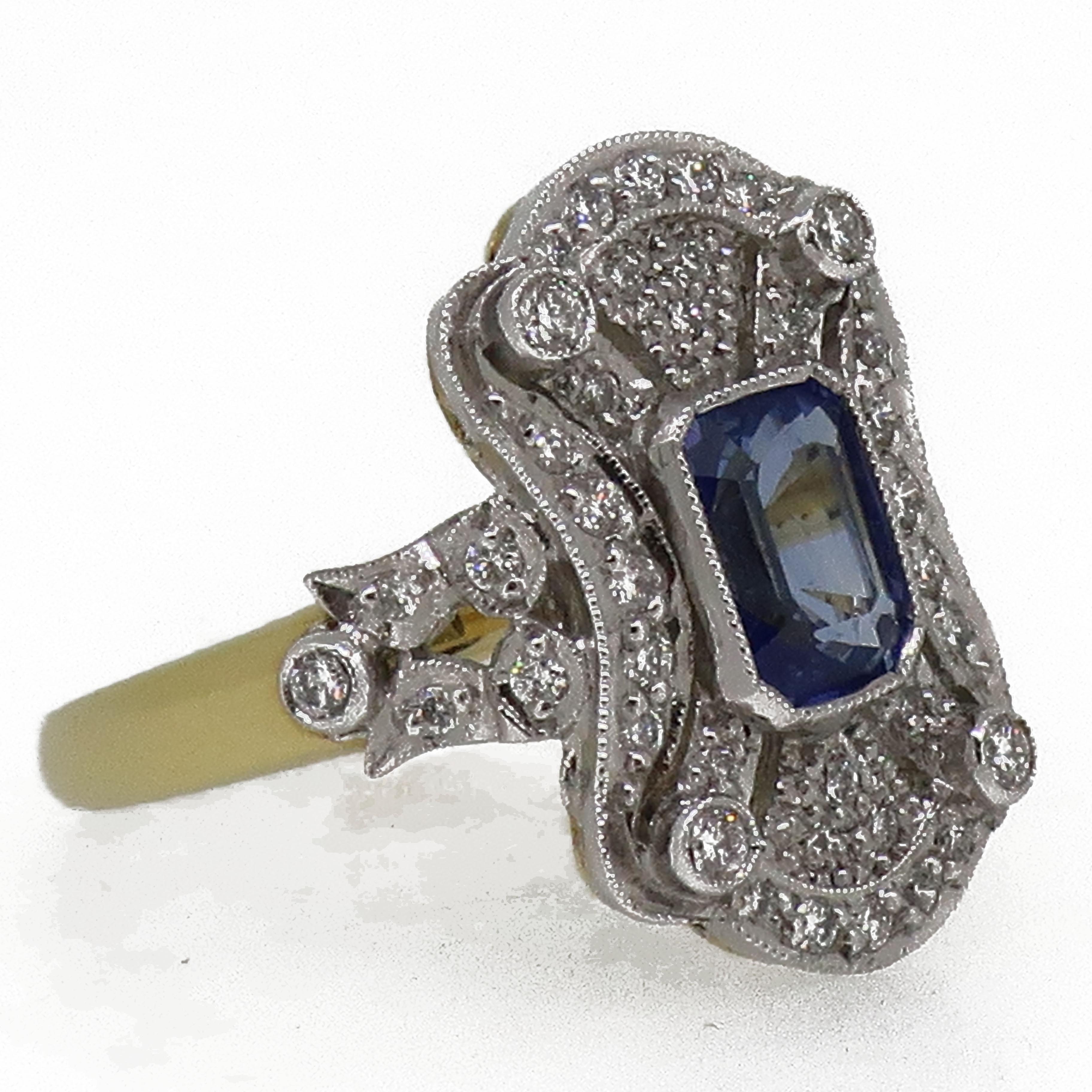 18 Karat Gold Emerald Cut Sapphire and Diamond Art Deco Style Cluster Ring For Sale 2
