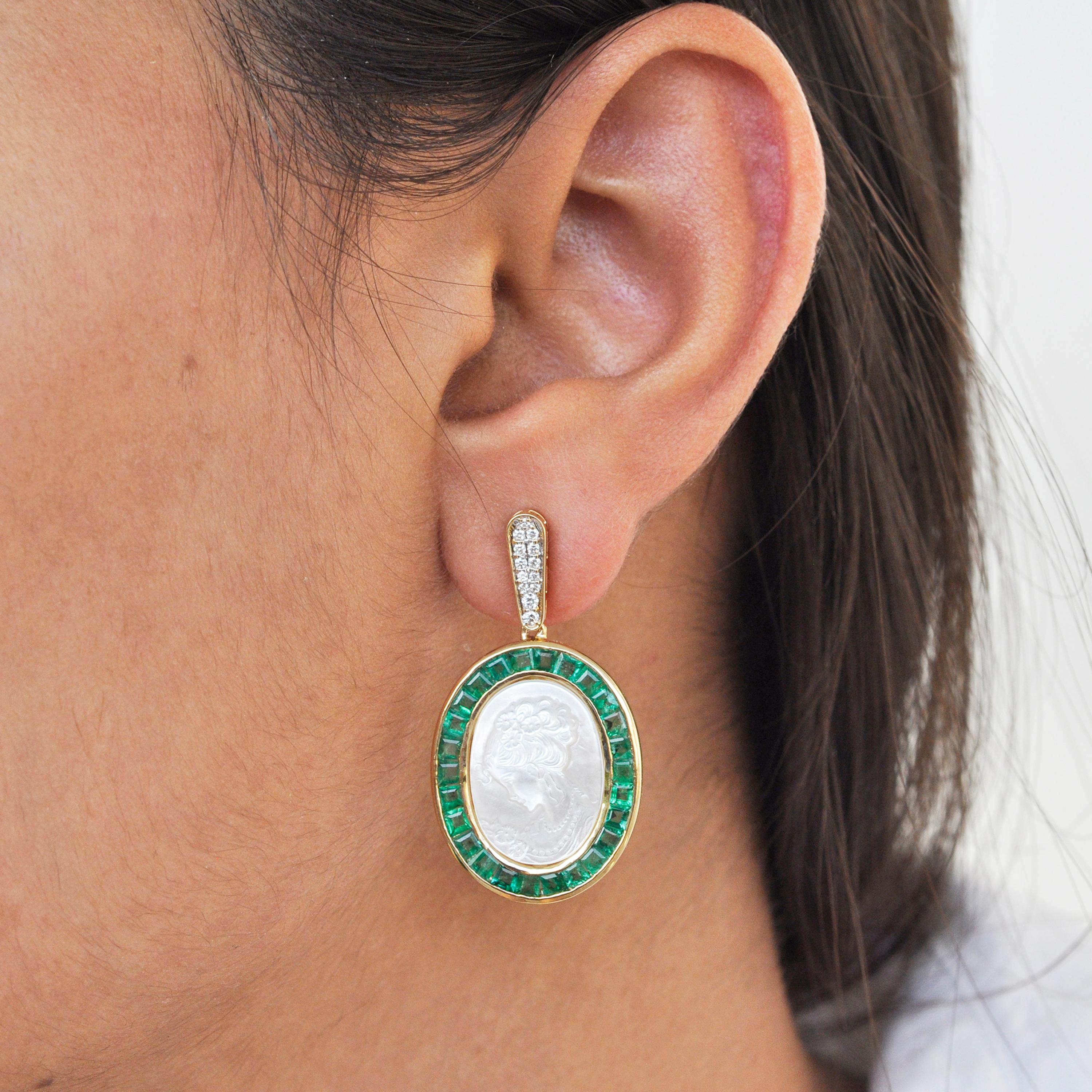 Tapered Baguette 18 Karat Gold Calibre Cut Emerald Pearl Carving Diamond Dangler Earrings For Sale
