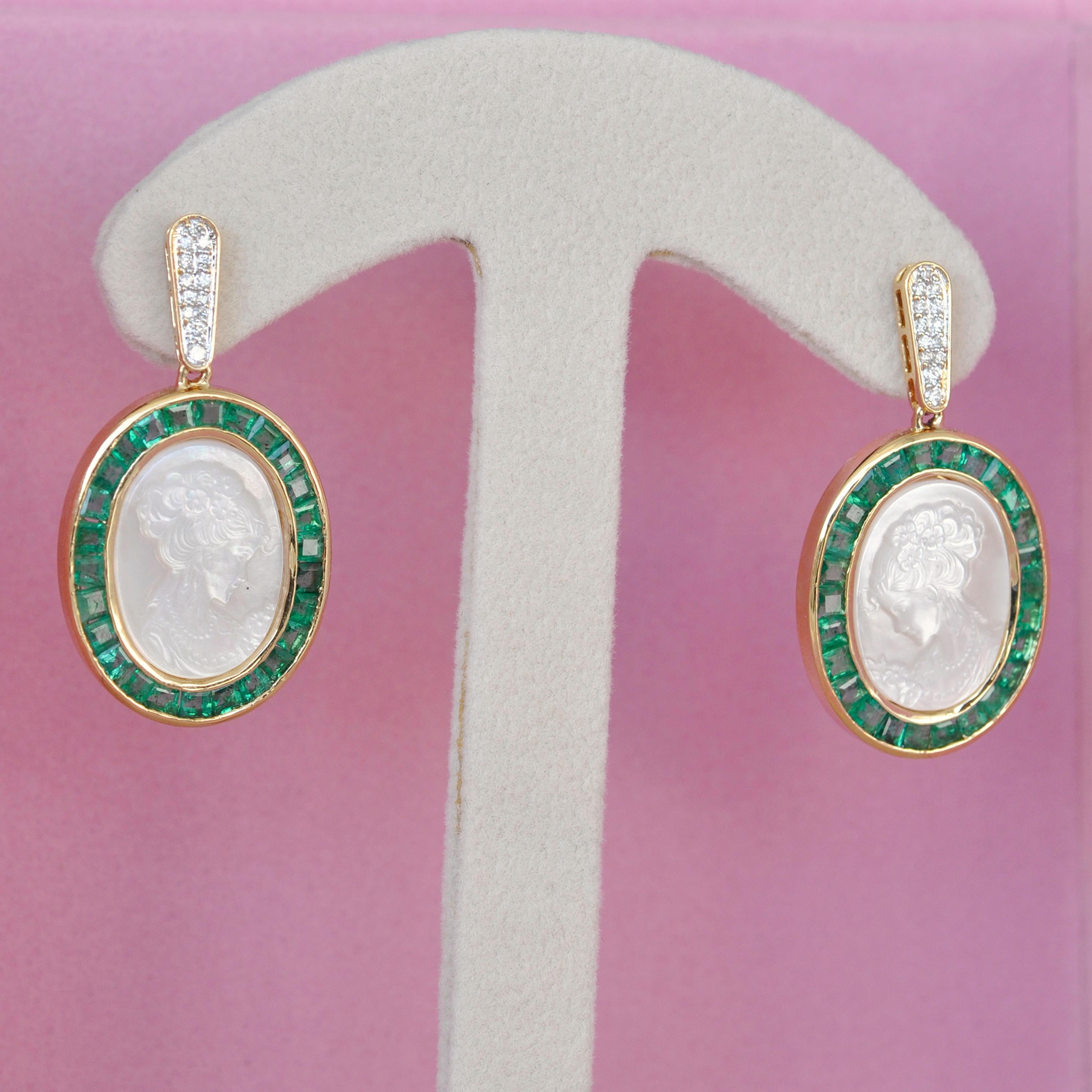 18 Karat Gold Calibre Cut Emerald Pearl Carving Diamond Dangler Earrings For Sale 5