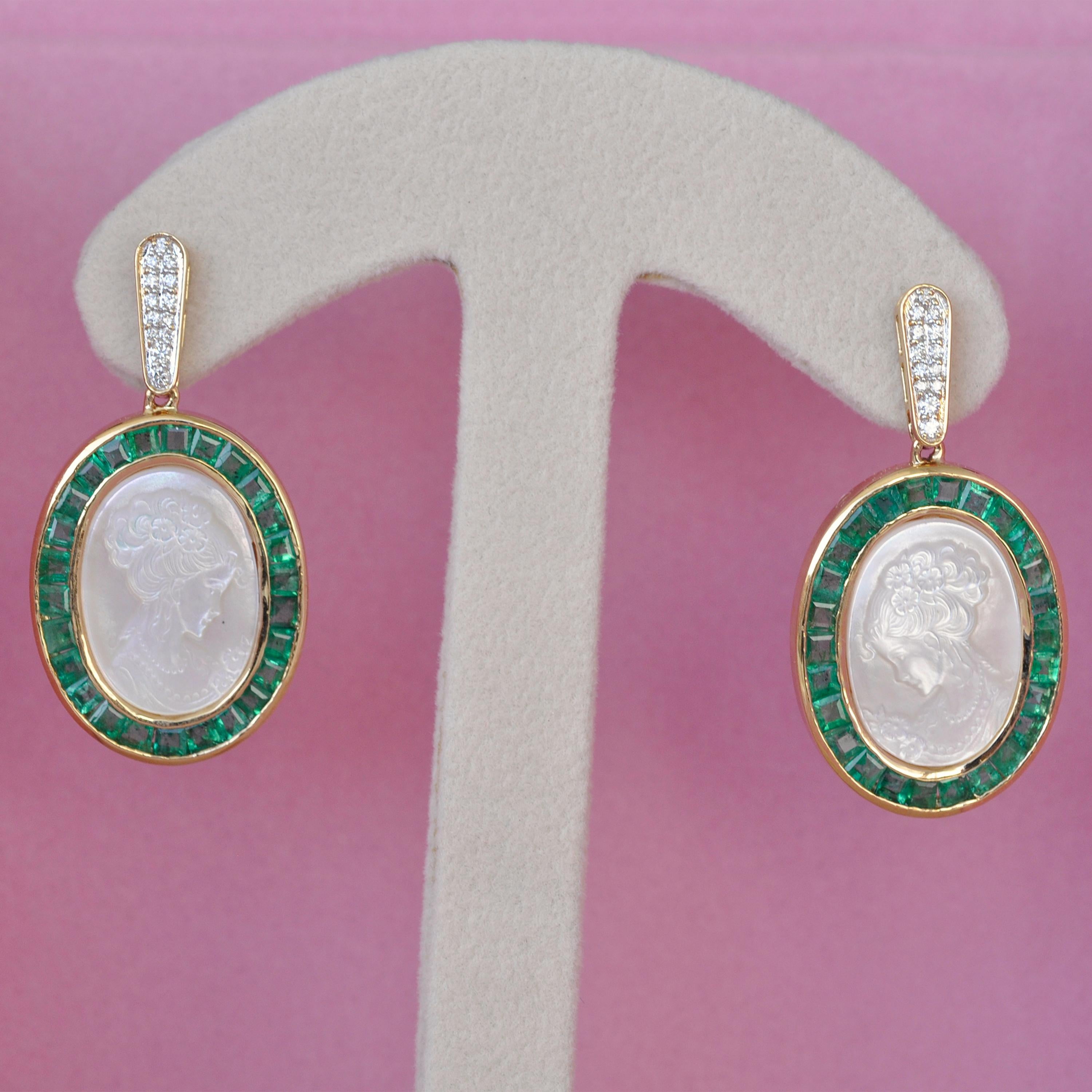 18 Karat Gold Calibre Cut Emerald Pearl Carving Diamond Dangler Earrings For Sale 6