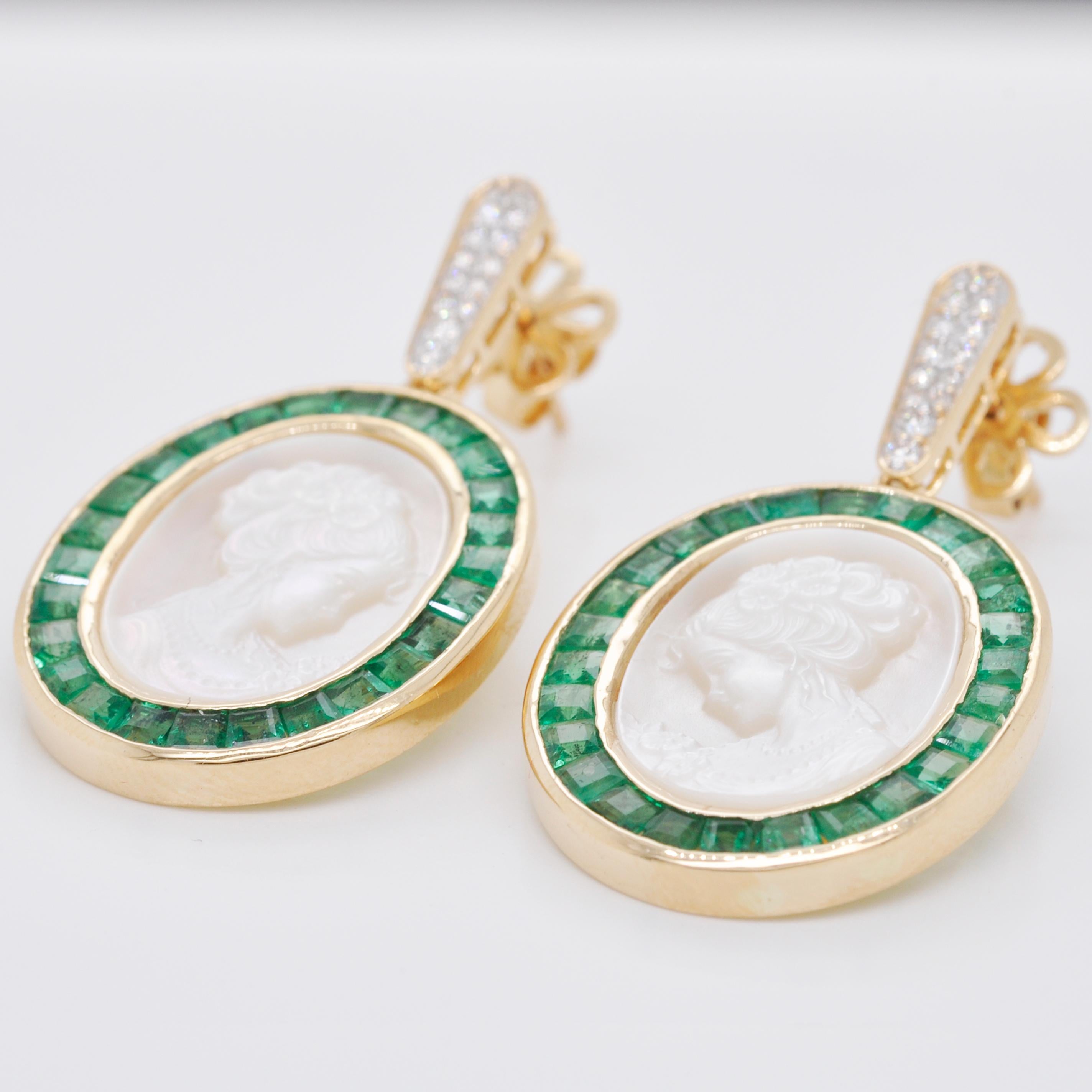18 Karat Gold Calibre Cut Emerald Pearl Carving Diamond Dangler Earrings For Sale 1