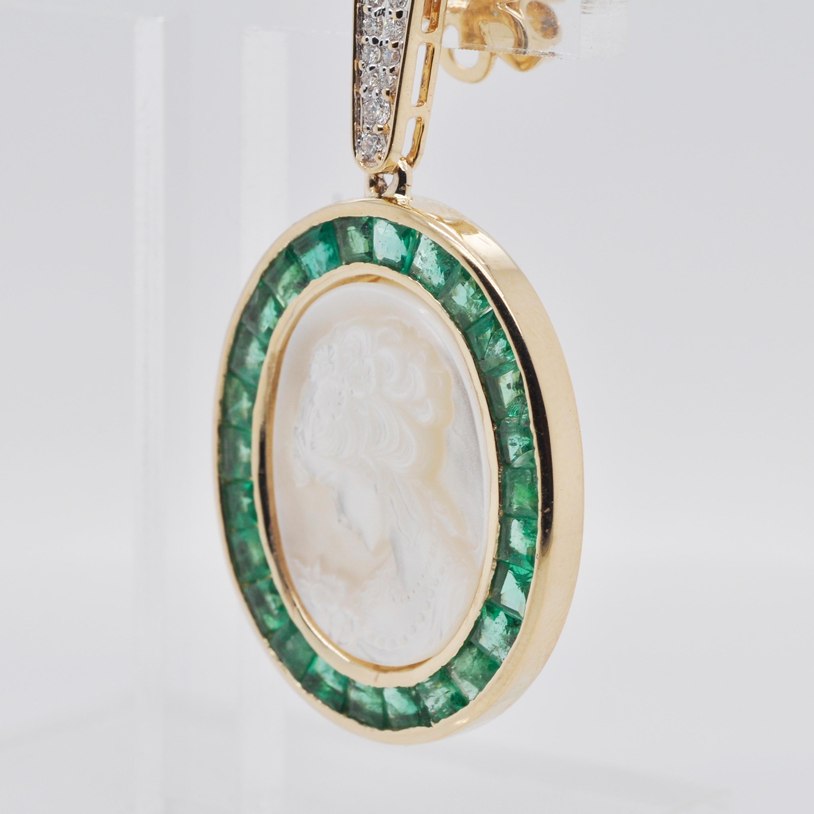 18 Karat Gold Calibre Cut Emerald Pearl Carving Diamond Dangler Earrings For Sale 4