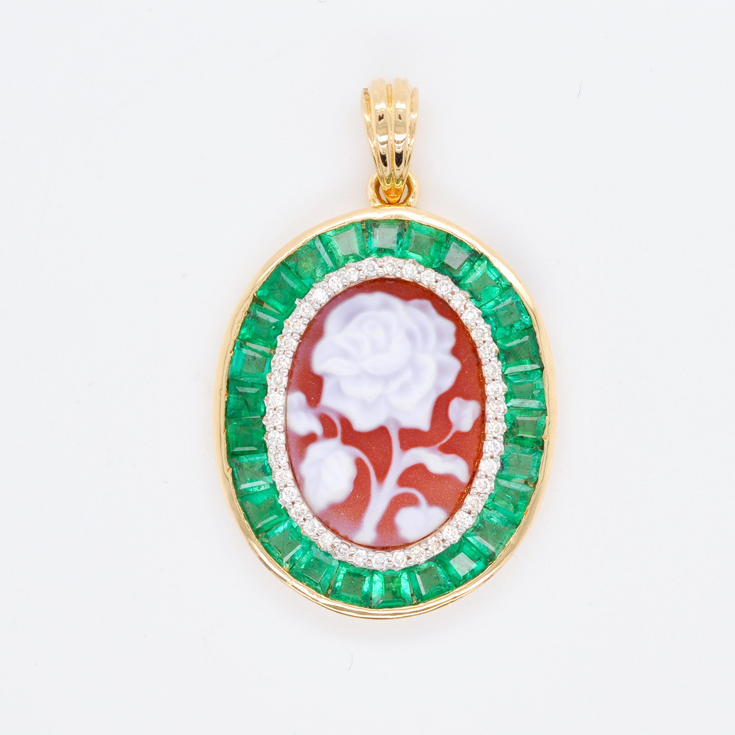 18 Karat Gold Emerald Agate Valentine Rose Cameo Diamond Pendant Necklace For Sale 5