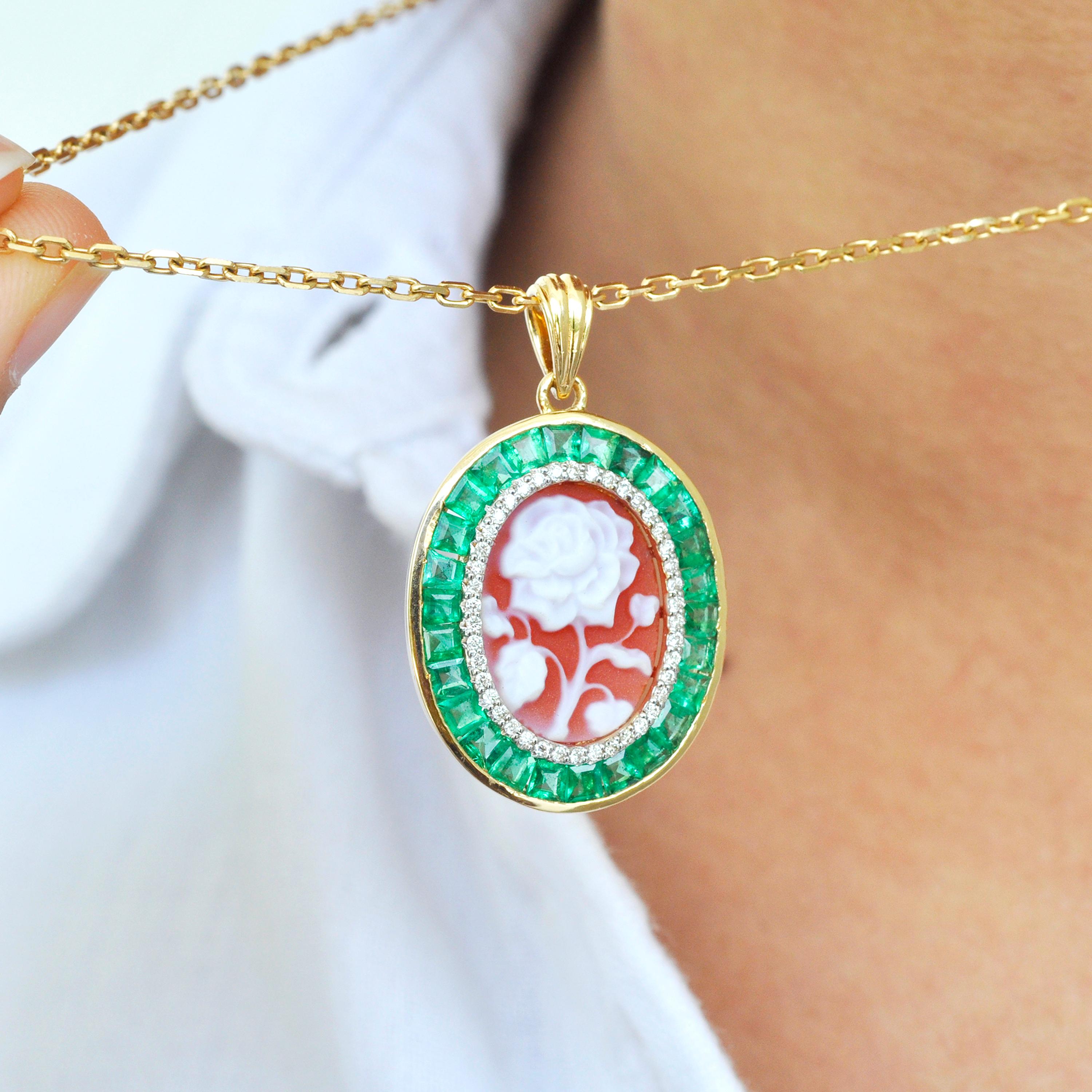 18 Karat Gold Emerald Agate Valentine Rose Cameo Diamond Pendant Necklace For Sale 8
