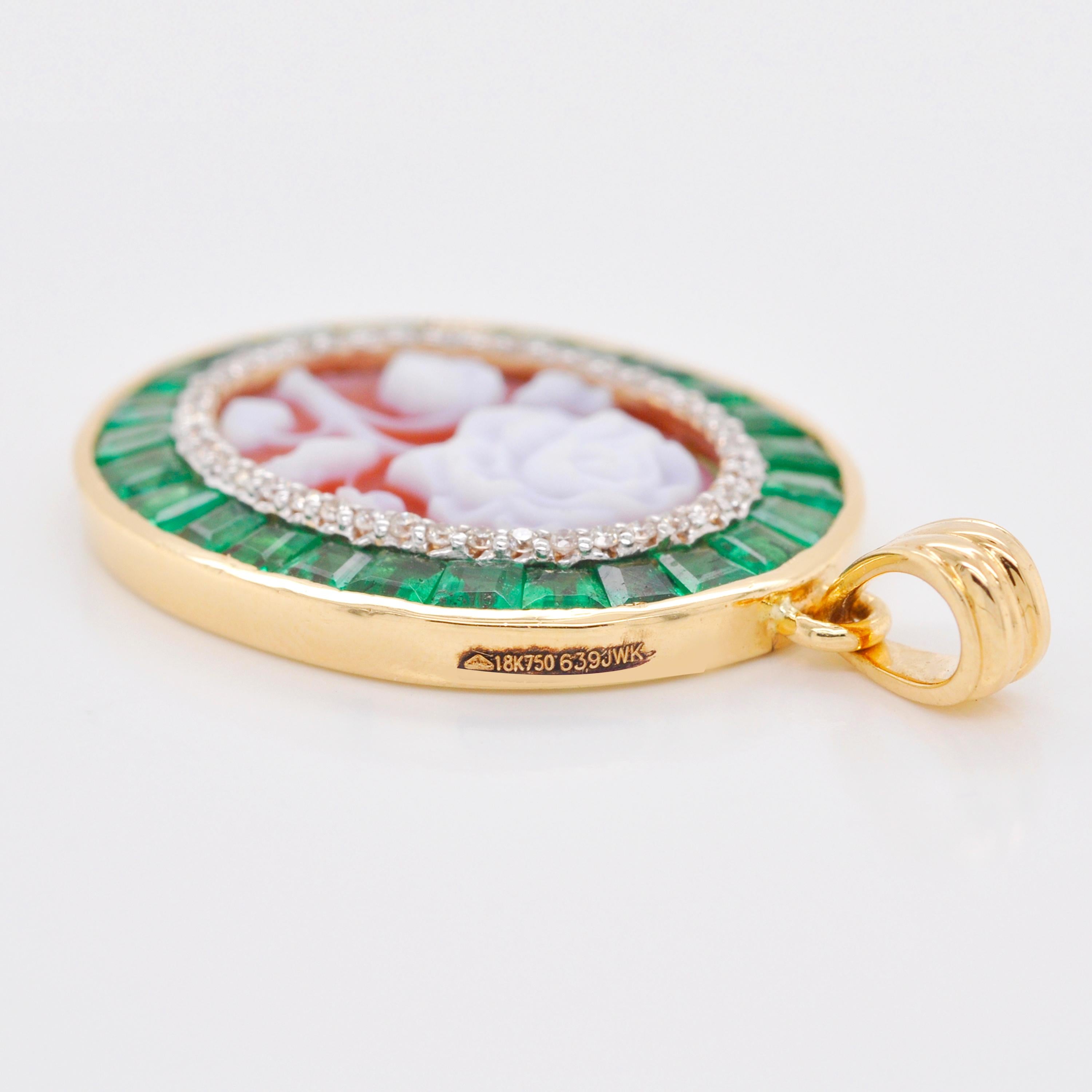 18 Karat Gold Emerald Agate Valentine Rose Cameo Diamond Pendant Necklace For Sale 1