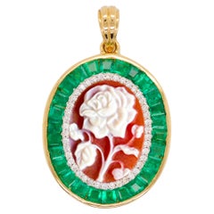 18 Karat Gold Emerald Agate Valentine Rose Cameo Diamond Pendant Necklace