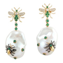 Emerald Pearl Diamond 18 Karat Gold Bee Earrings