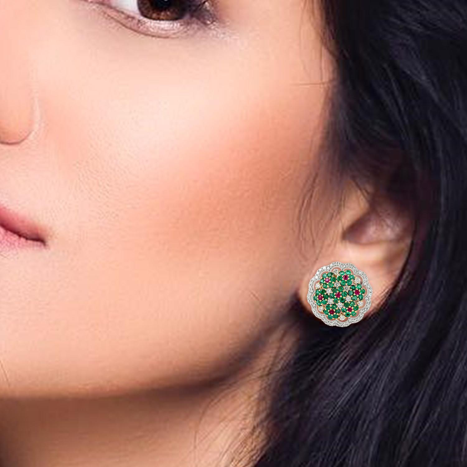 These beautiful stud earrings are handmade in 18K gold.  It is set with .89 carats emerald, .25 carats ruby & .95 carats of sparkling diamonds.

FOLLOW  MEGHNA JEWELS storefront to view the latest collection & exclusive pieces.  Meghna Jewels is