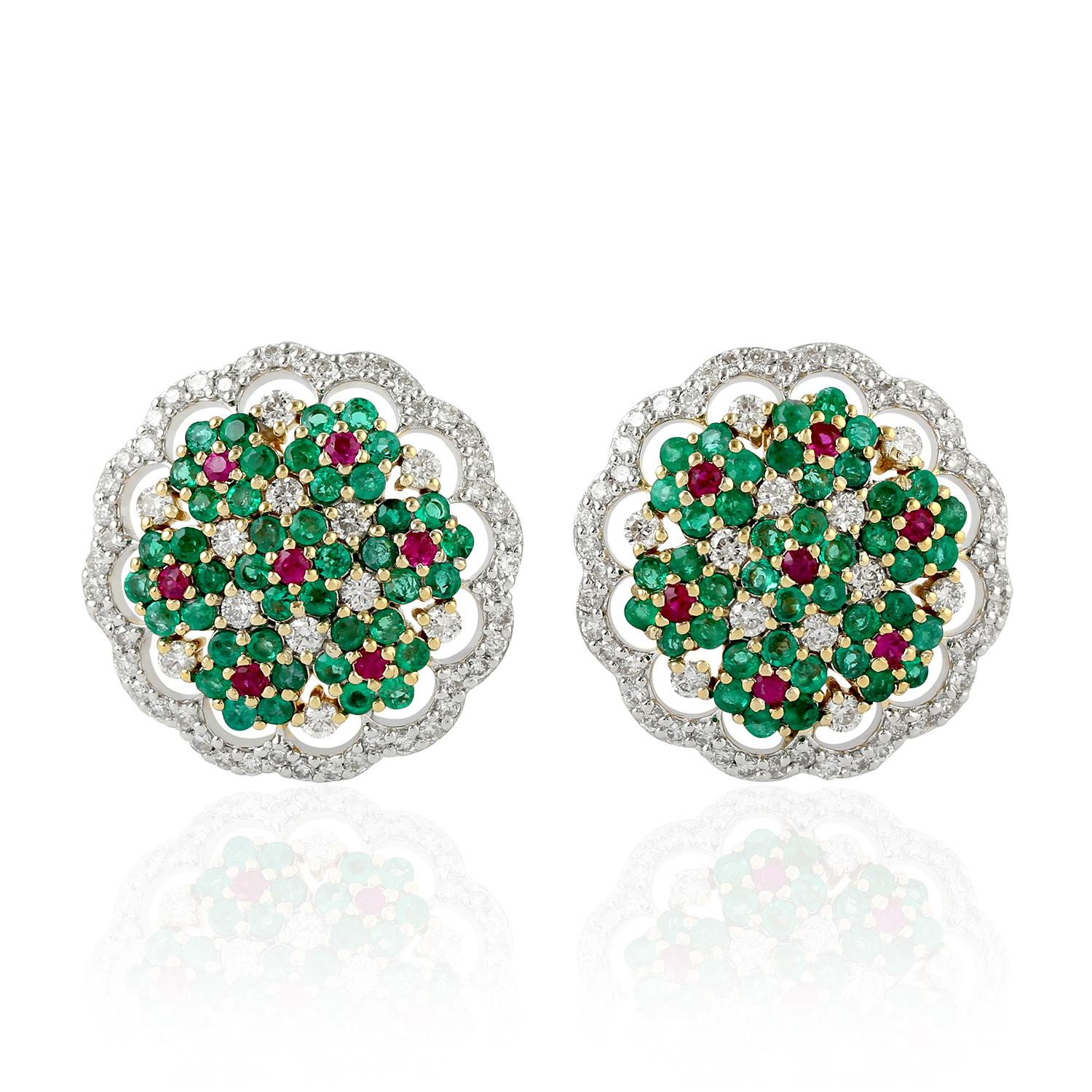 Single Cut 18 Karat Gold Emerald Ruby Diamond Versailles Stud Earrings For Sale