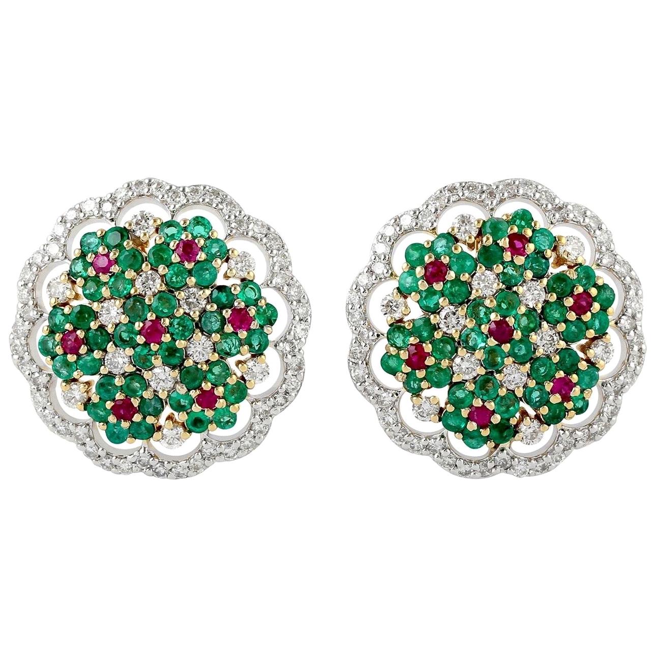 18 Karat Gold Emerald Ruby Diamond Versailles Stud Earrings For Sale