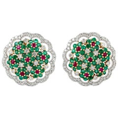 18 Karat Gold Emerald Ruby Diamond Versailles Stud Earrings