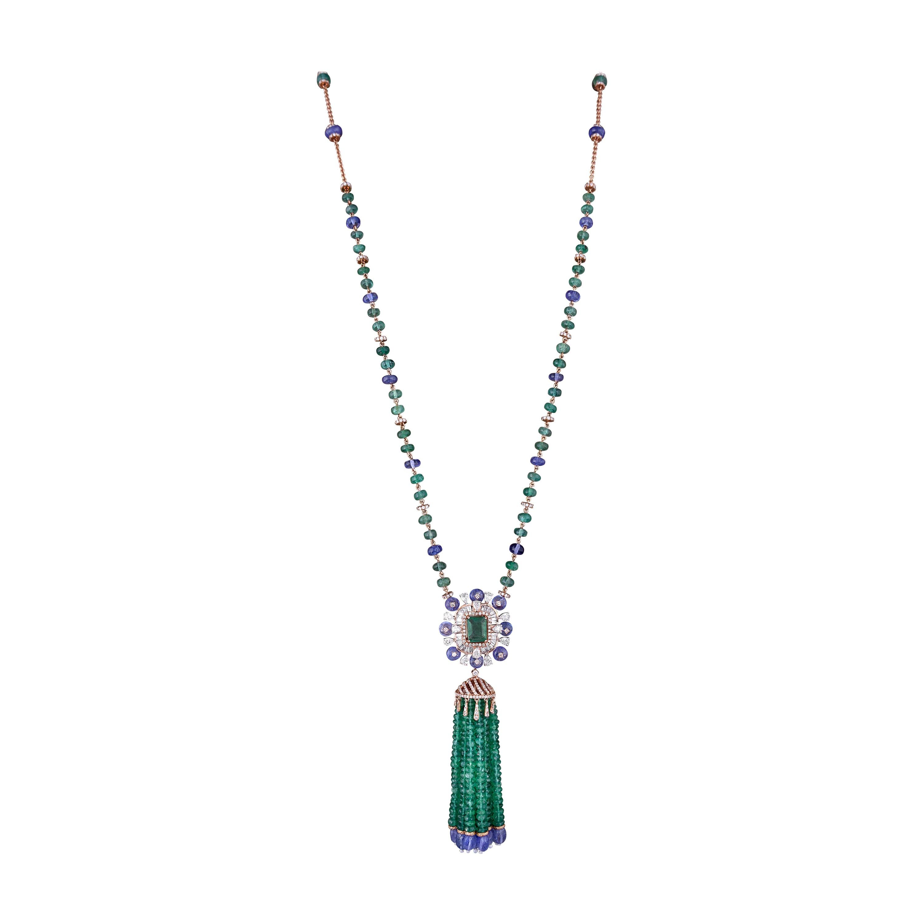 101.55 Carat Emerald Tanzanite Diamond 18k Rose Gold Tassel Necklace 