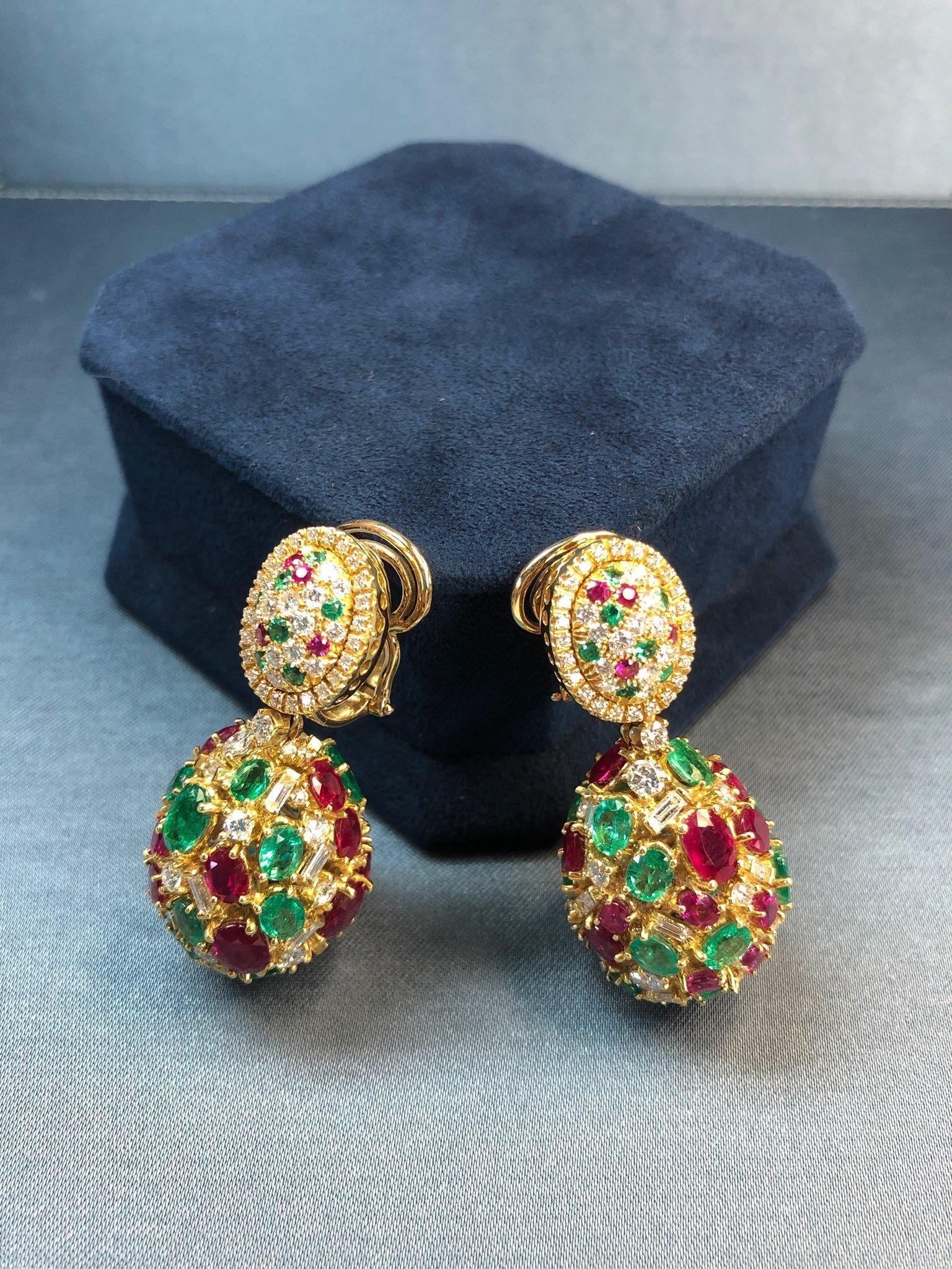Modern 18 Karat Gold Emeralds, Rubies and Diamonds Italian Earrings For Sale