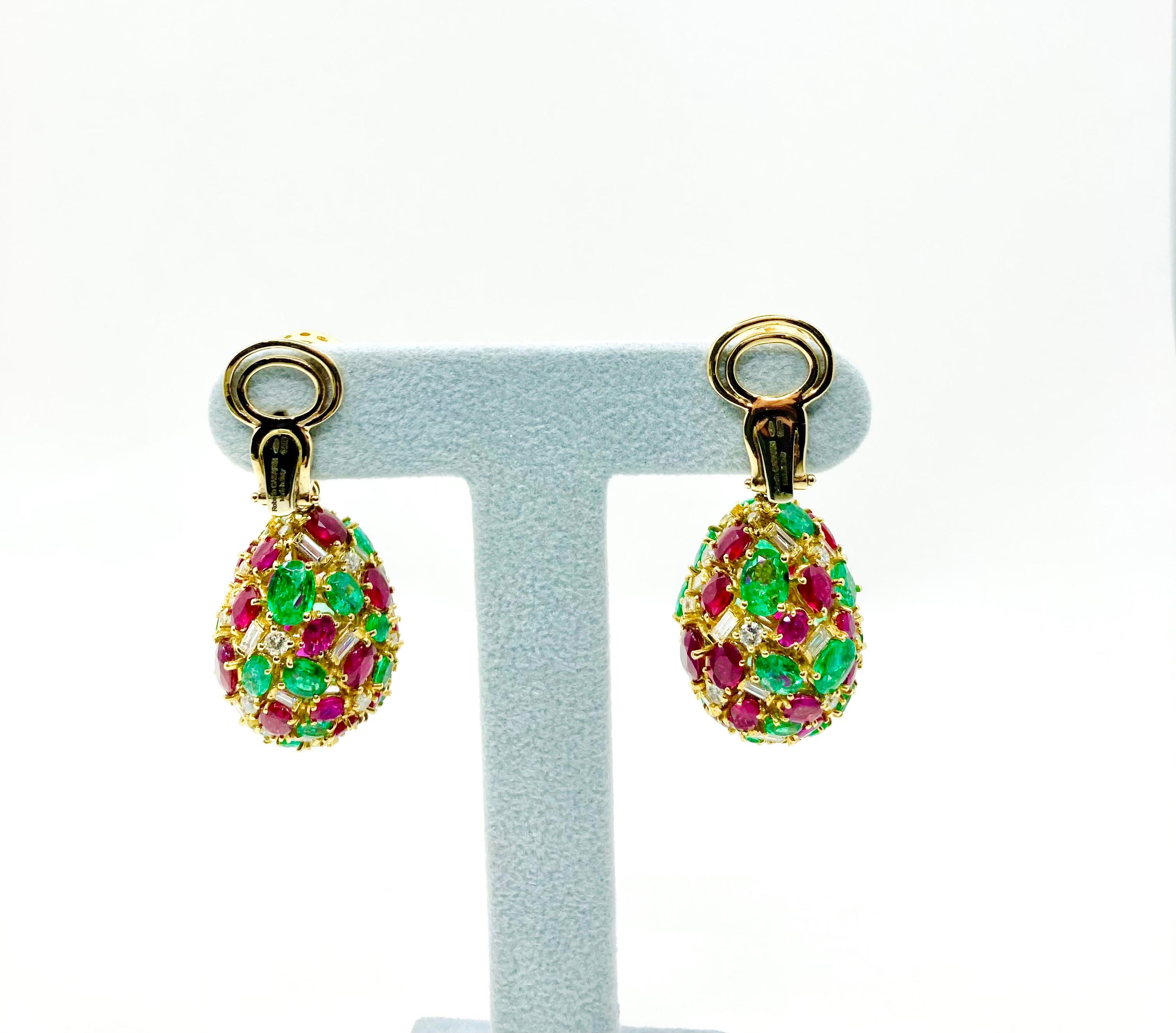 Women's 18 Karat Gold Emeralds, Rubies and Diamonds Italian Earrings For Sale