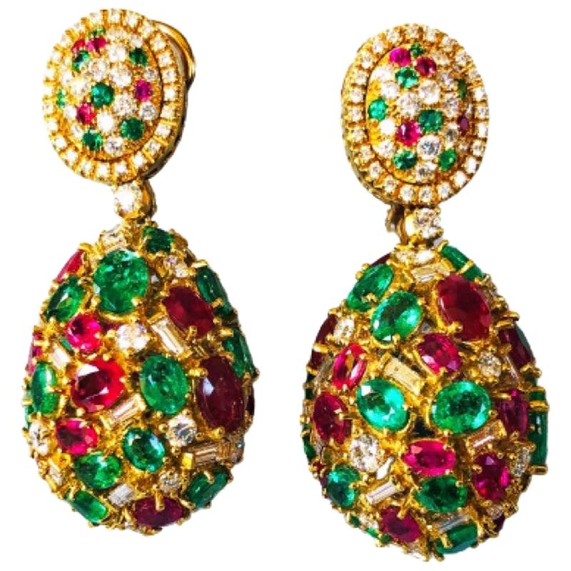 18 Karat Gold Emeralds, Rubies and Diamonds Italian Earrings For Sale