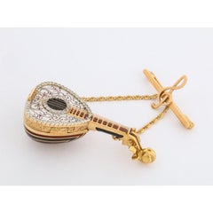 18 Karat Gold Enamel and Diamond Mandolin Pendant Watch Brooch G. Ferrero