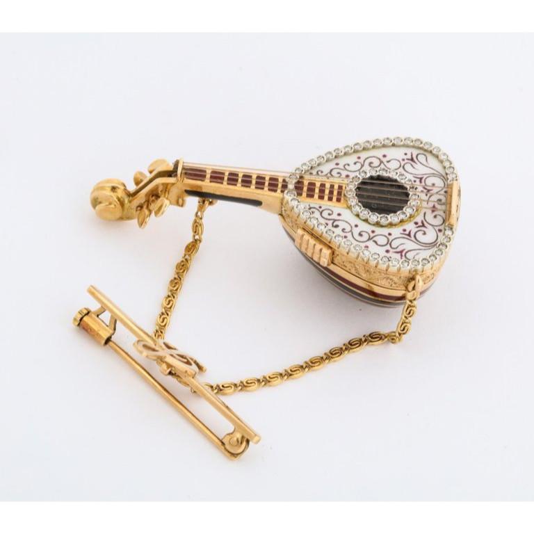Women's 18 Karat Gold Enamel and Diamond Mandolin Pendant Watch Brooch G. Ferrero
