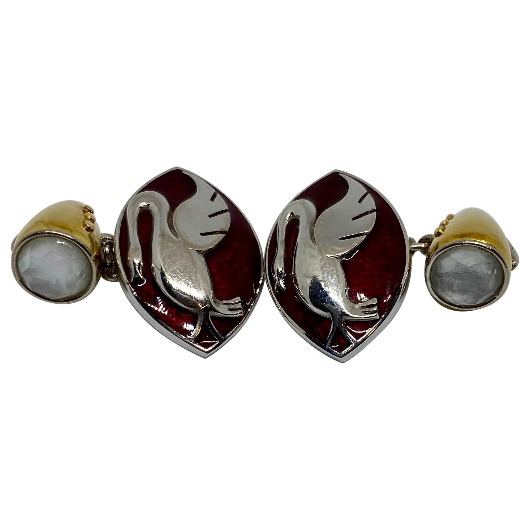 18 Karat Gold, Enamel and Moonstone Cufflinks Made for a Motor Car Enthusiast For Sale