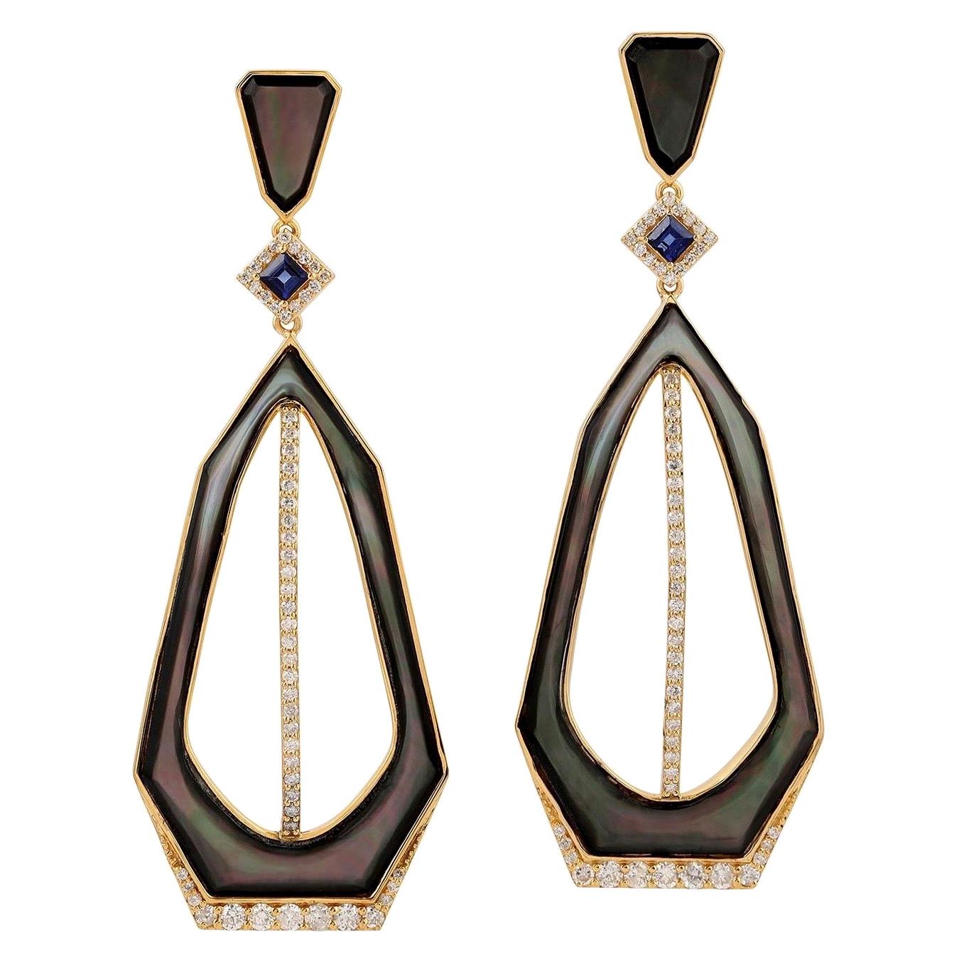 Enamel Blue Sapphire Diamond 18 Karat Gold Earrings For Sale