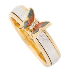18 Karat Gold Enamel Butterfly Rotatable Ring with White Diamond