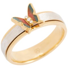 18 Karat Gold Enamel Butterfly Rotatable Ring with White Diamond