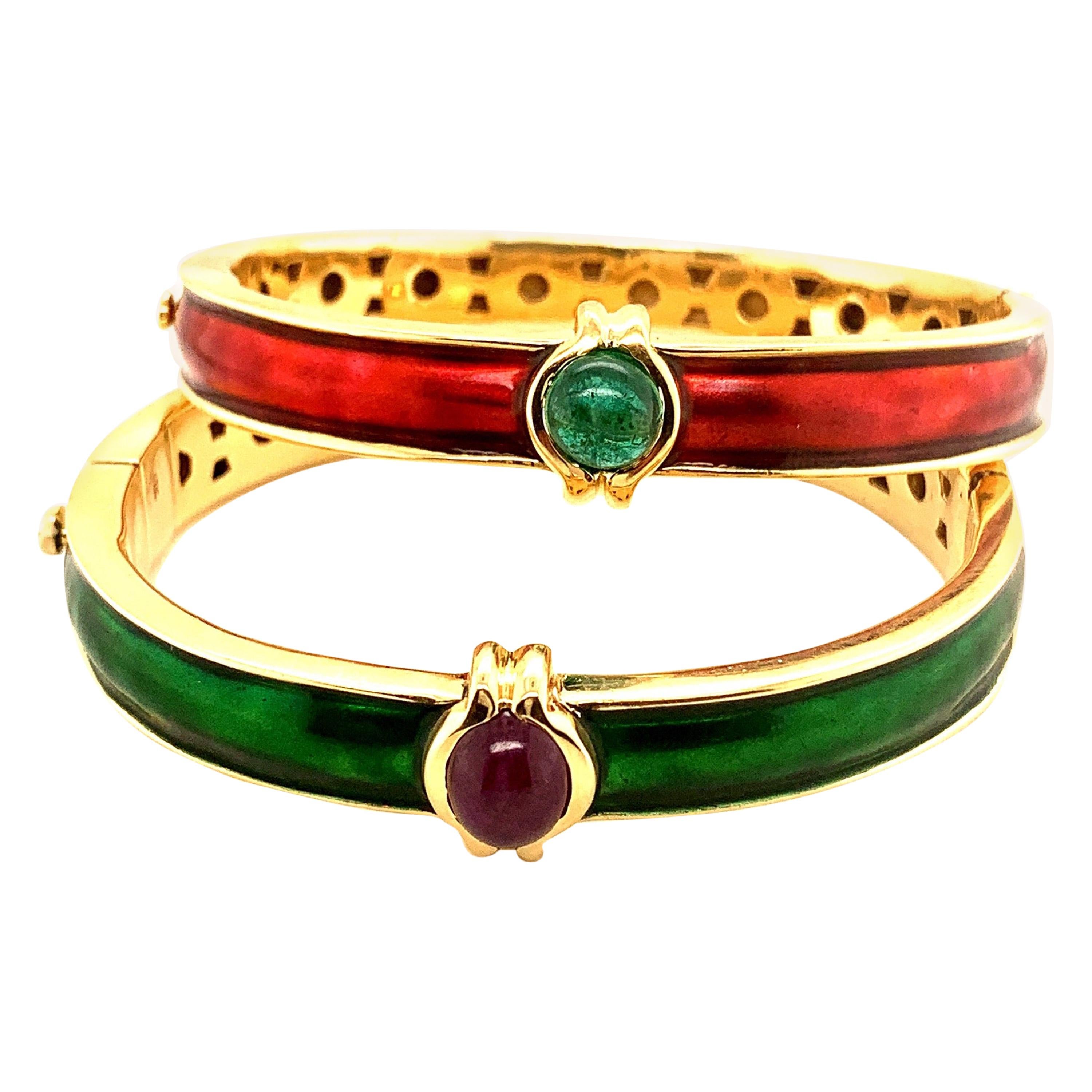 18 Karat Gold Enamel Emerald Ruby Bangle Bracelets