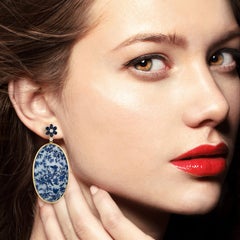 Enamel Hand Painted Blue Bird Diamond 18 Karat Gold Earrings