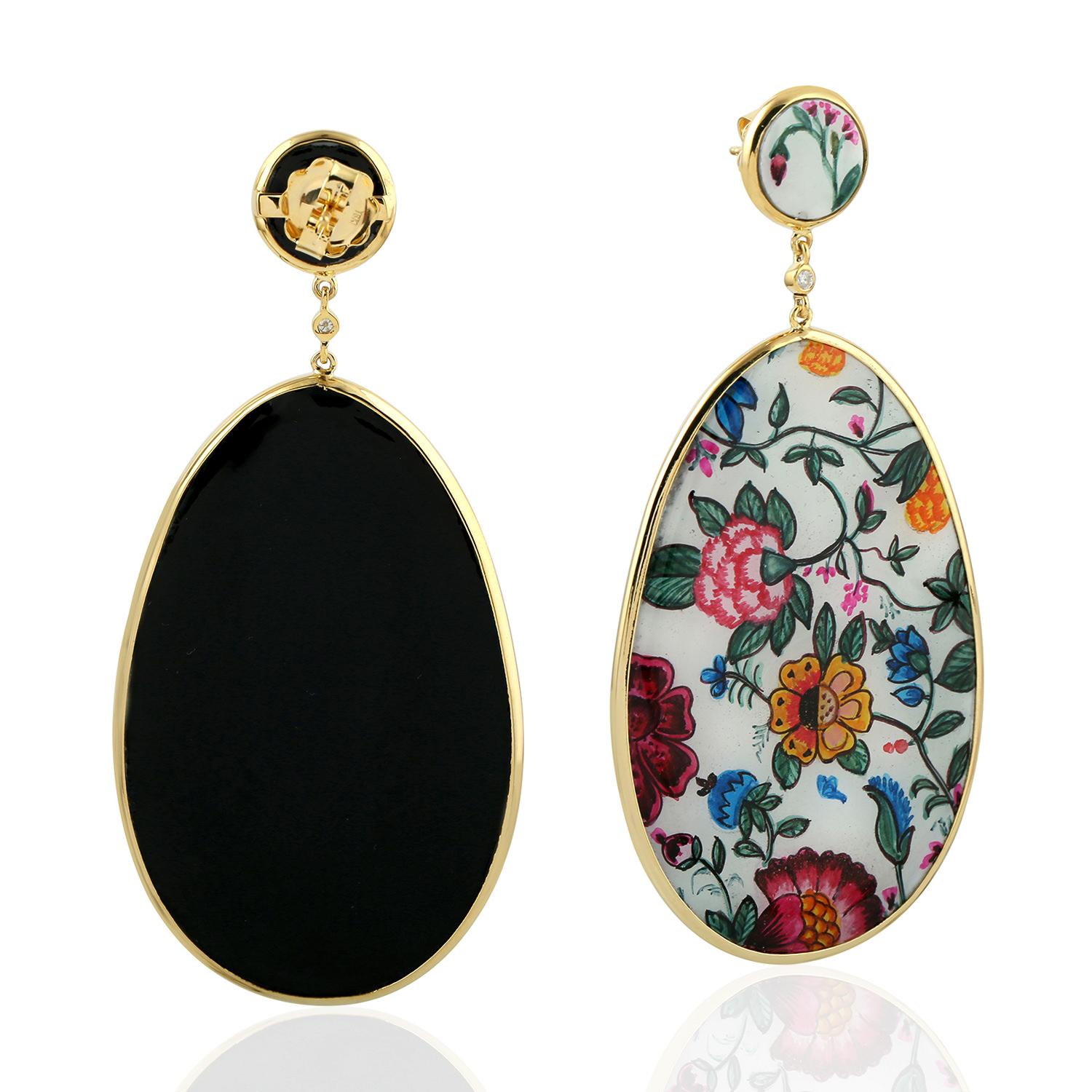 Emaille Handbemalte Diamant-Ohrringe aus 18 Karat Gold mit Blumenmuster (Kunsthandwerker*in) im Angebot