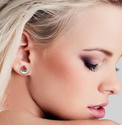Pendientes Esmalte Floral Rosa Diamante Oro 14 Kilates