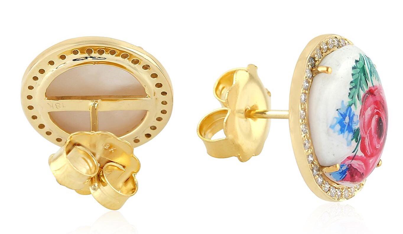 Artisan Enamel Floral Rose Diamond 18 Karat Gold Stud Earrings For Sale