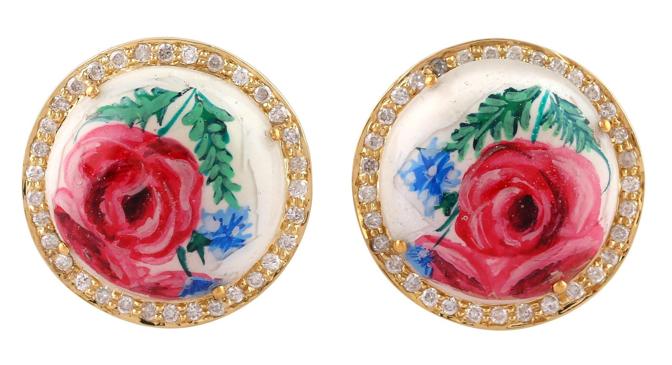 Rose Cut Enamel Floral Rose Diamond 18 Karat Gold Stud Earrings For Sale