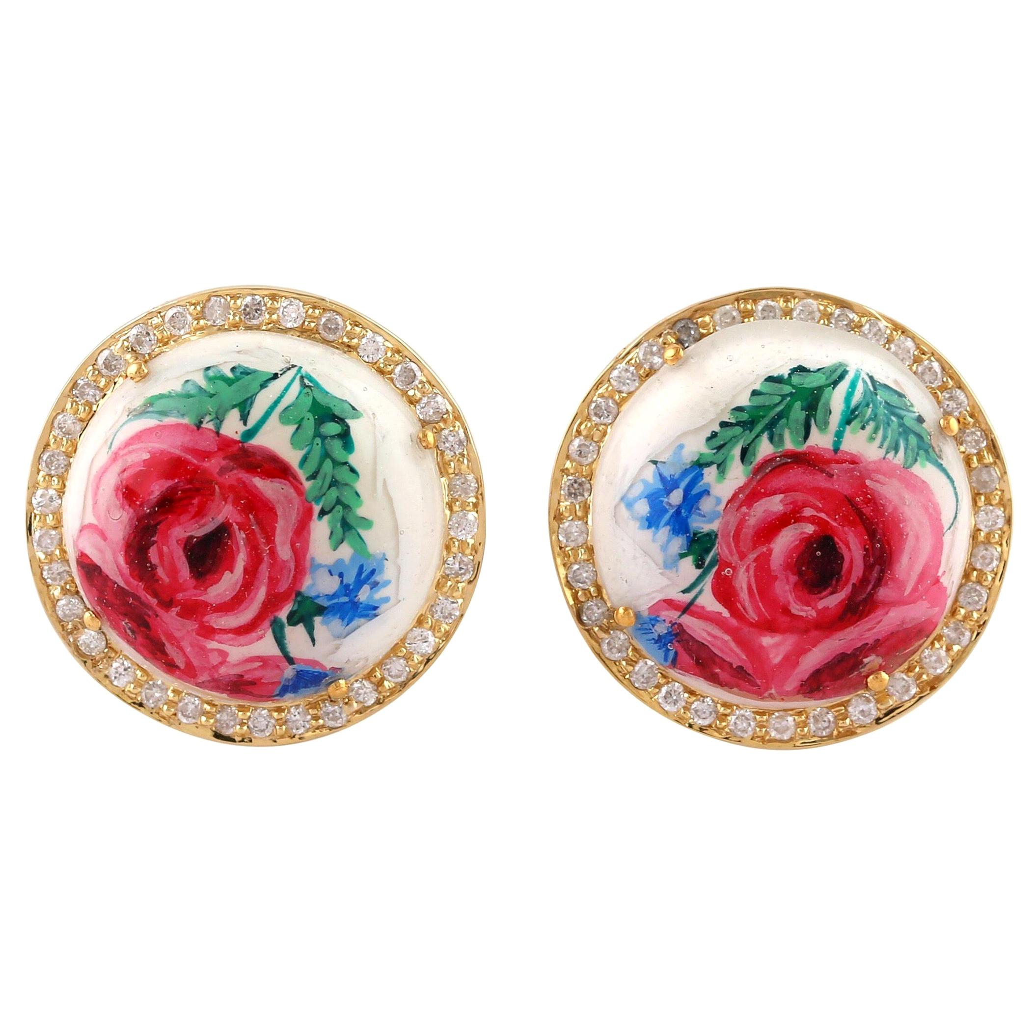 Enamel Floral Rose Diamond 18 Karat Gold Stud Earrings For Sale