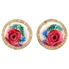 Boucles d'oreilles or 18 carats émail floral rose diamant