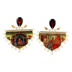 Boucles d'oreilles émail grenat citrine diamant or 14 carats