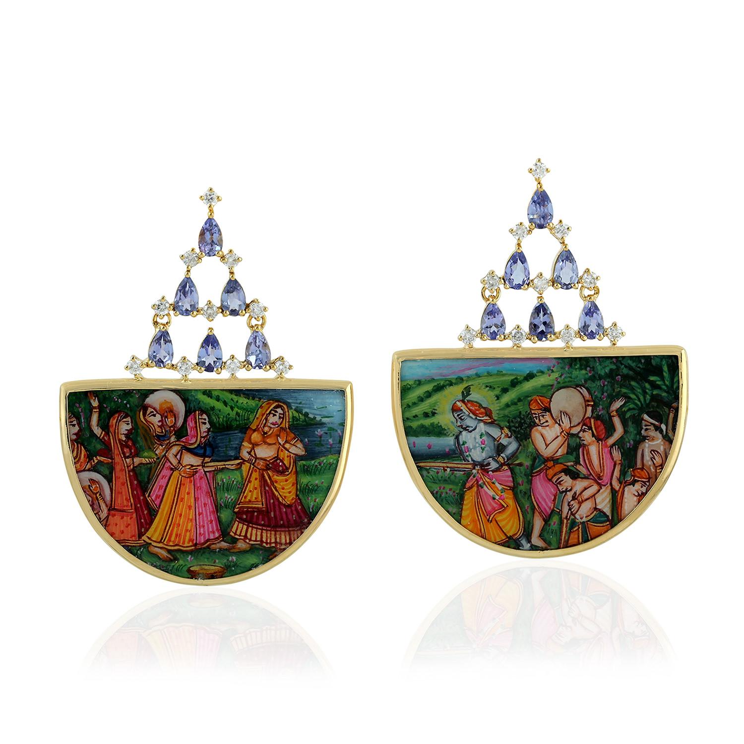 Artisan Enamel Mother of Pearl Tanzanite 18 Karat Gold Diamond Earrings For Sale